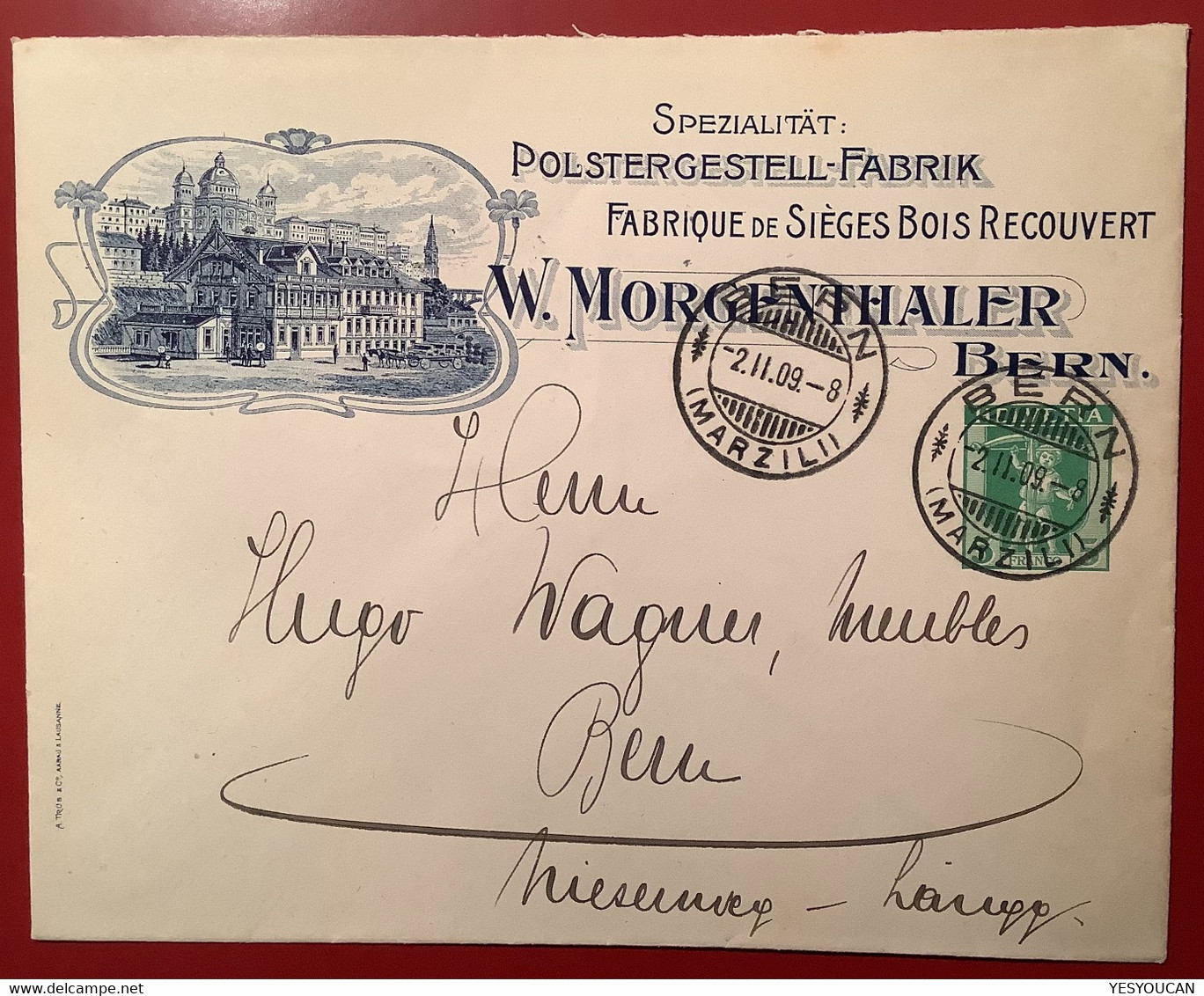 Privatganzsache:1909 MORGENTHALER BERN MARZIL HOLZ POLSTER MÖBEL Tellknabe Umschlag (meubles Bois Wood Furniture Schweiz - Postwaardestukken