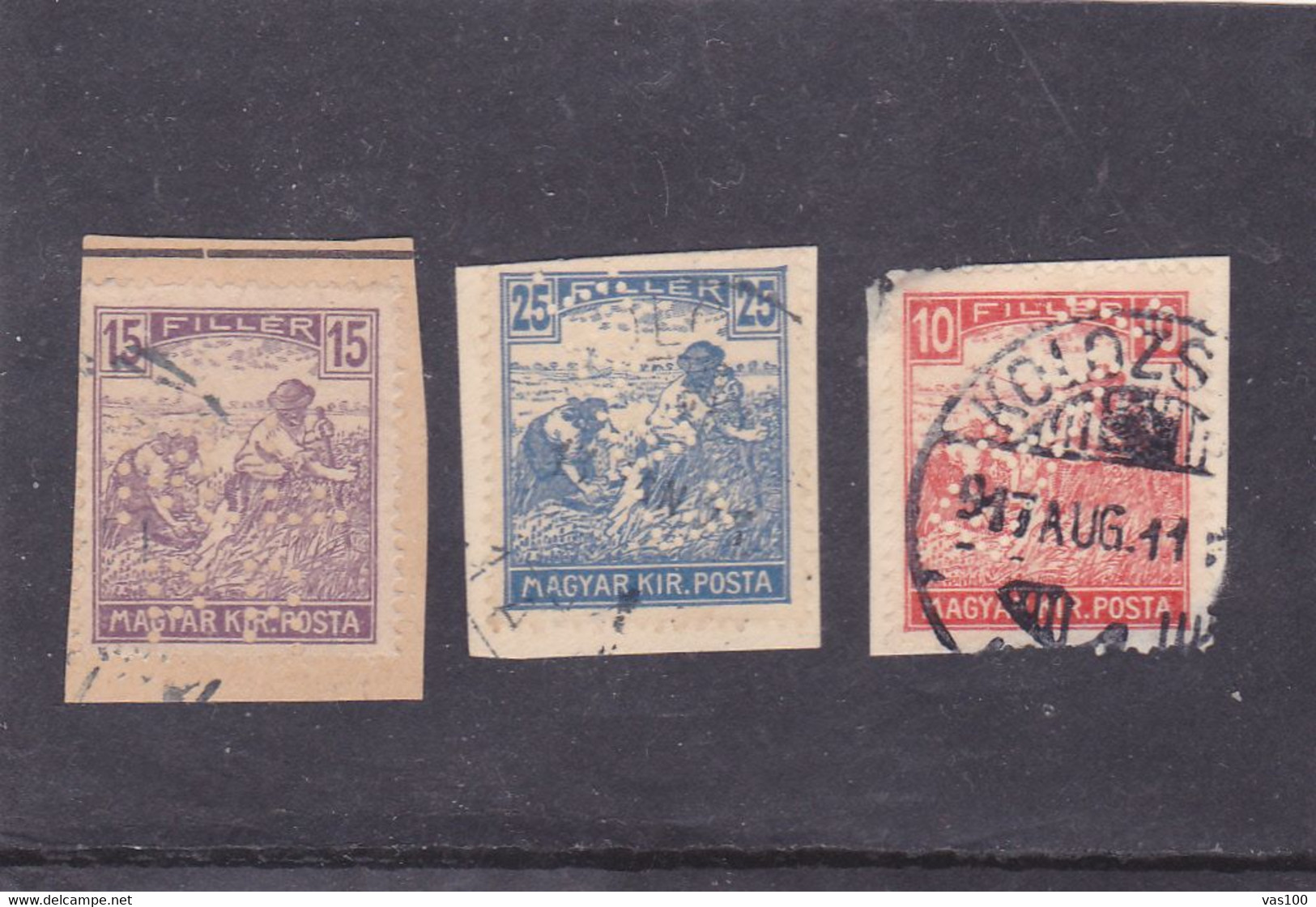 FRAGMENT 3 Stamps Commercial Patent,diff Perfin,perfores HUNGARY. - Perfins