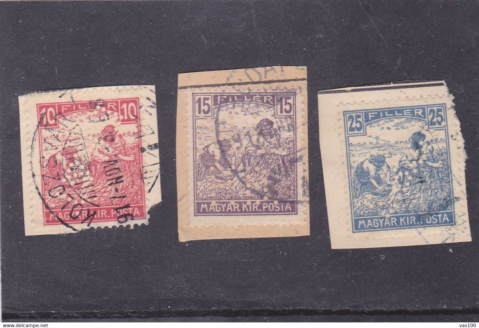 FRAGMENT 3 Stamps Commercial Patent,diff Perfin,perfores HUNGARY. - Perforadas