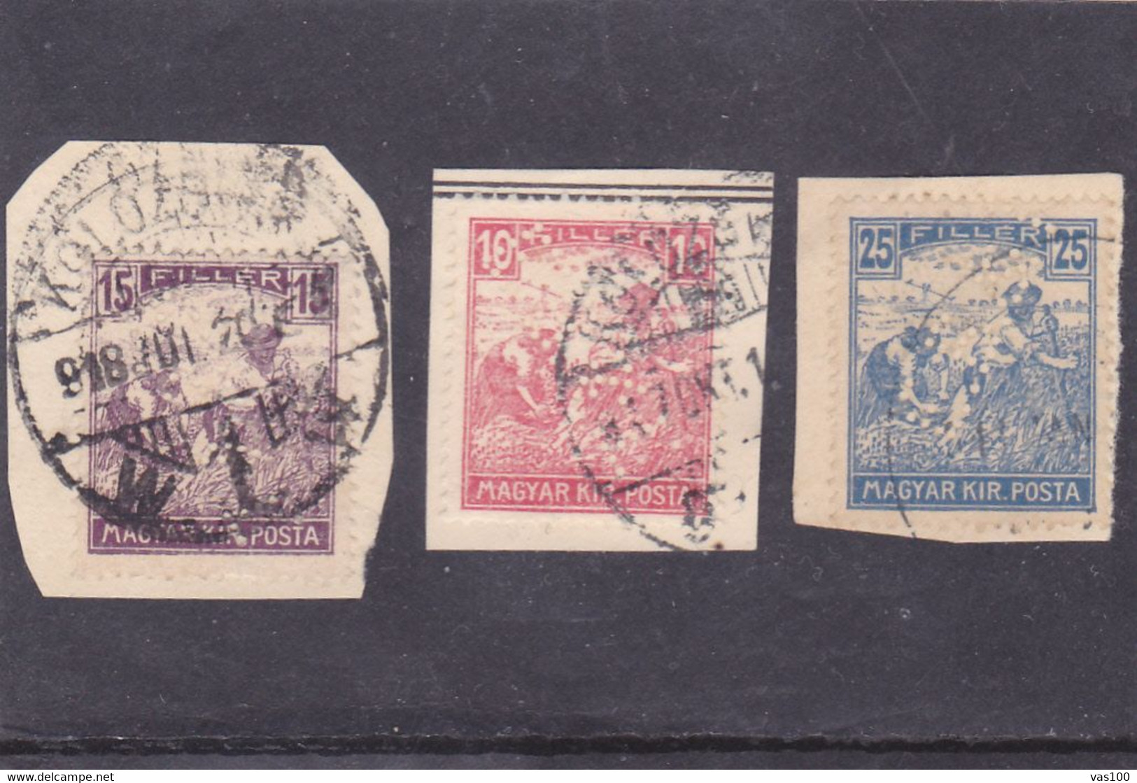 FRAGMENT 3 Stamps Commercial Patent,diff Perfin,perfores HUNGARY. - Perfin