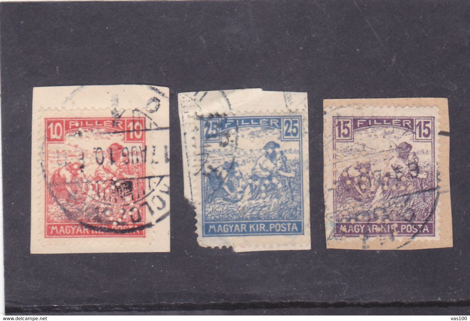 FRAGMENT 3 Stamps Commercial Patent,diff Perfin,perfores HUNGARY. - Perfins