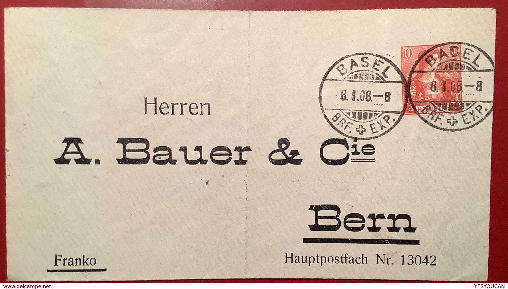 Privatganzsache: A.BAUER BERN 1908 Helvetia ABART ! Umschlag (Schweiz Private Postal Stationery - Ganzsachen