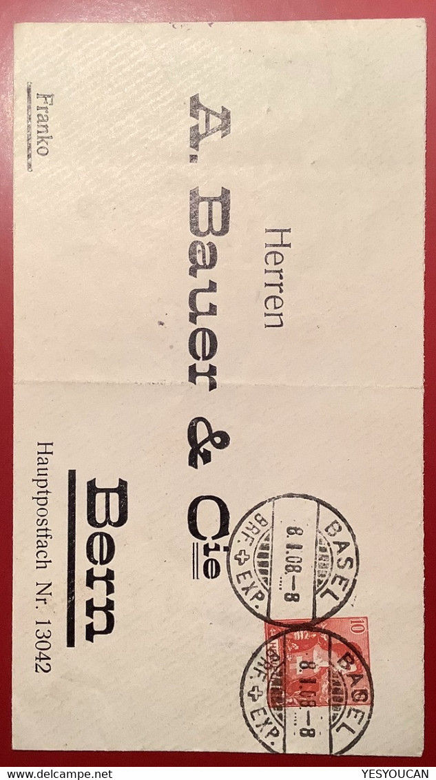 Privatganzsache: A.BAUER BERN 1908 Helvetia ABART ! Umschlag (Schweiz Private Postal Stationery - Stamped Stationery