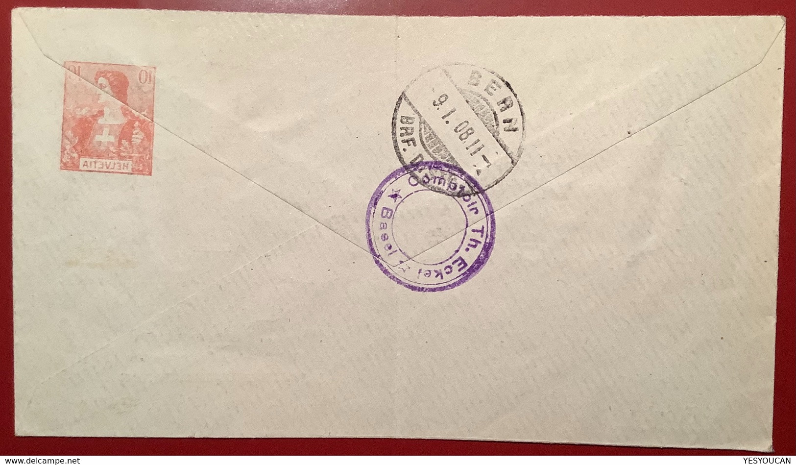 Privatganzsache: A.BAUER BERN 1908 Helvetia ABART ! Umschlag (Schweiz Private Postal Stationery - Stamped Stationery