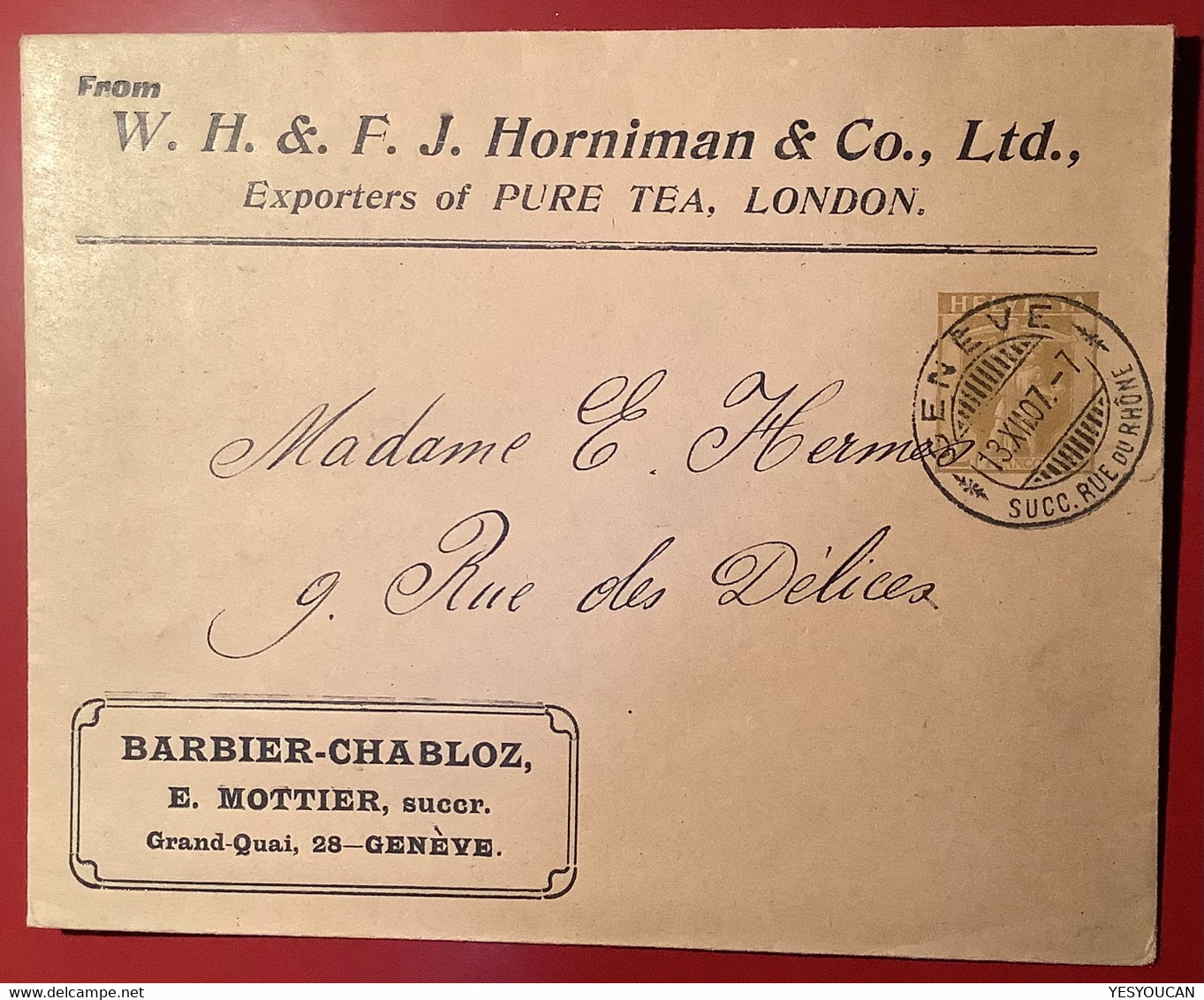 Privatganzsache: HORNIMAN TEA LONDON Tellknabe Umschlag GENÉVE 1907 (Schweiz Thé Private Postal Stationery Tee - Postwaardestukken