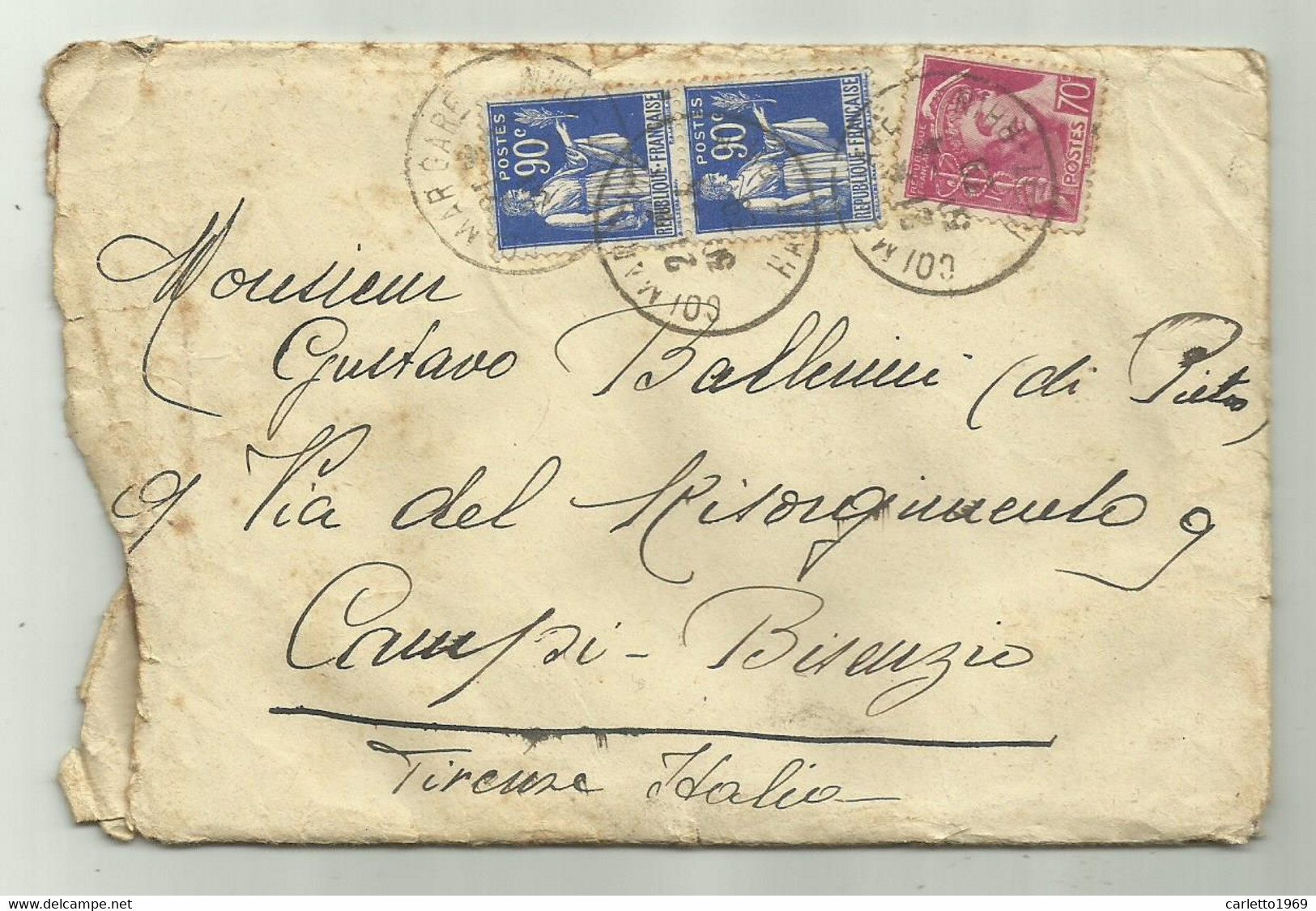 FRANCIA 65 CENT. + 70 CENT. SU BUSTA CON LETTERA 1938/39 - Covers & Documents