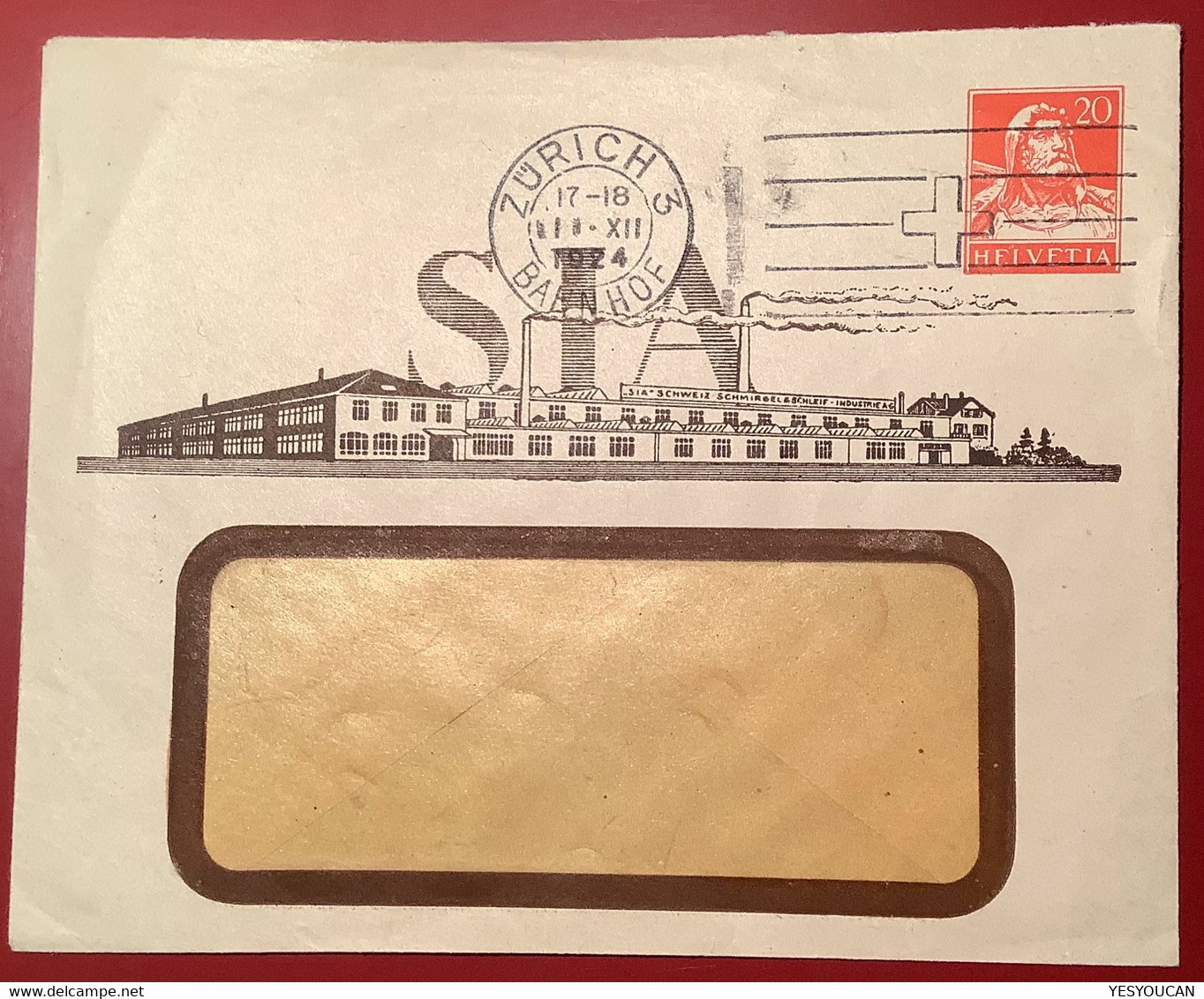 Privatganzsache: SIA SCHMIRGELSCHLEIF INDUSTRIE Umschlag ZÜRICH 1924 Tell 20 Rp Orangerot (Schweiz Automobile Abrasives - Stamped Stationery