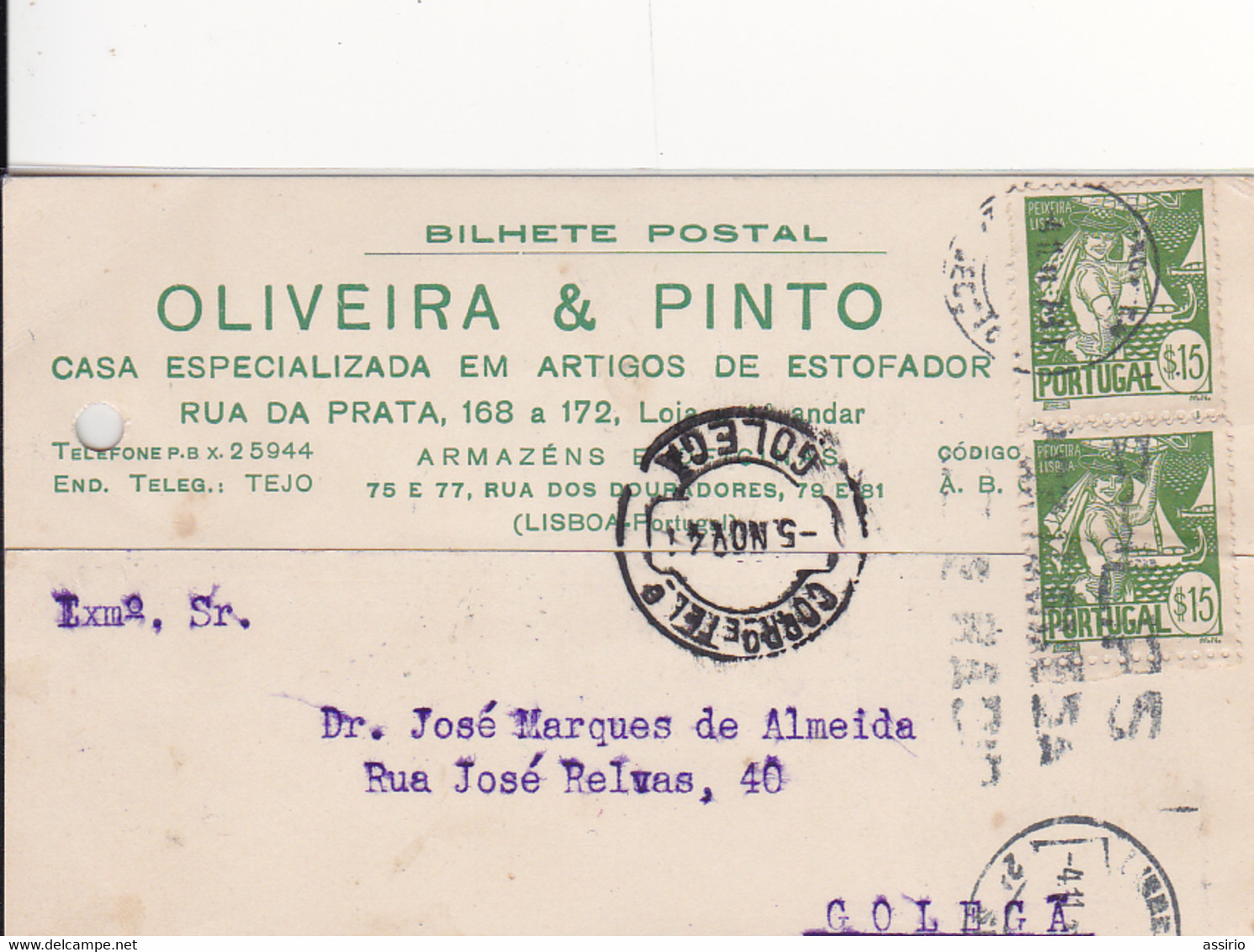 Portugal -Bilhete  Postal Lisboa Golegã  1941 - Lisboa