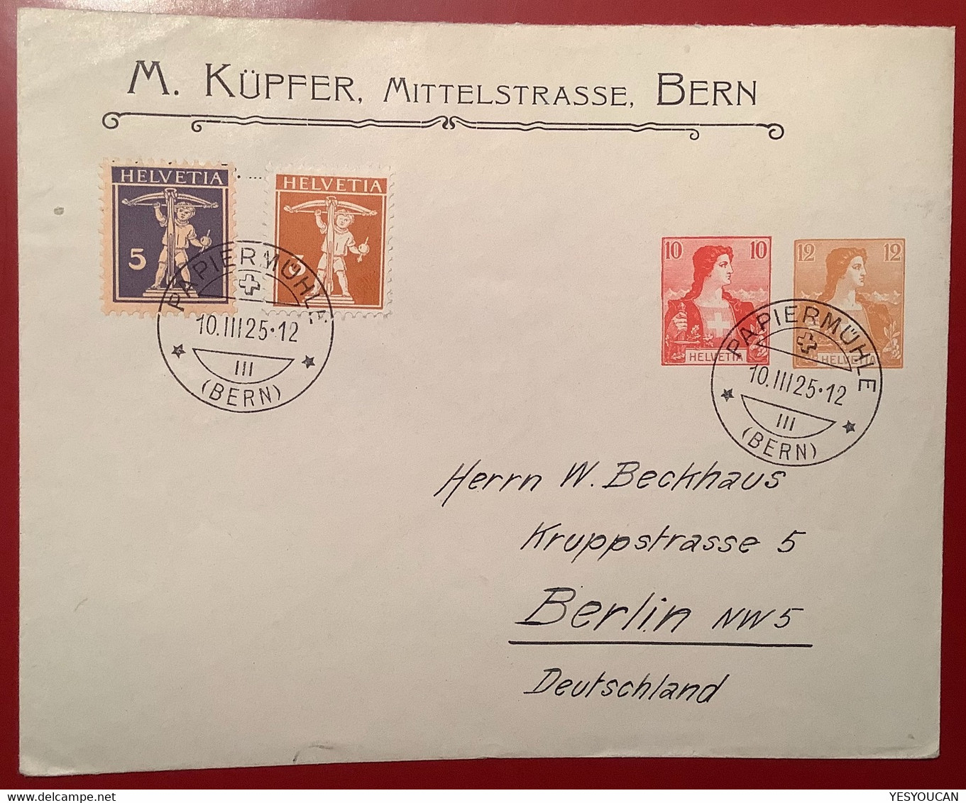 Privatganzsache: M.KÜPFER BERN Seltener Umschlag HELVETIA MIT 2 WERTSTEMPEL 10+12RP (Schweiz Papiermühle - Ganzsachen