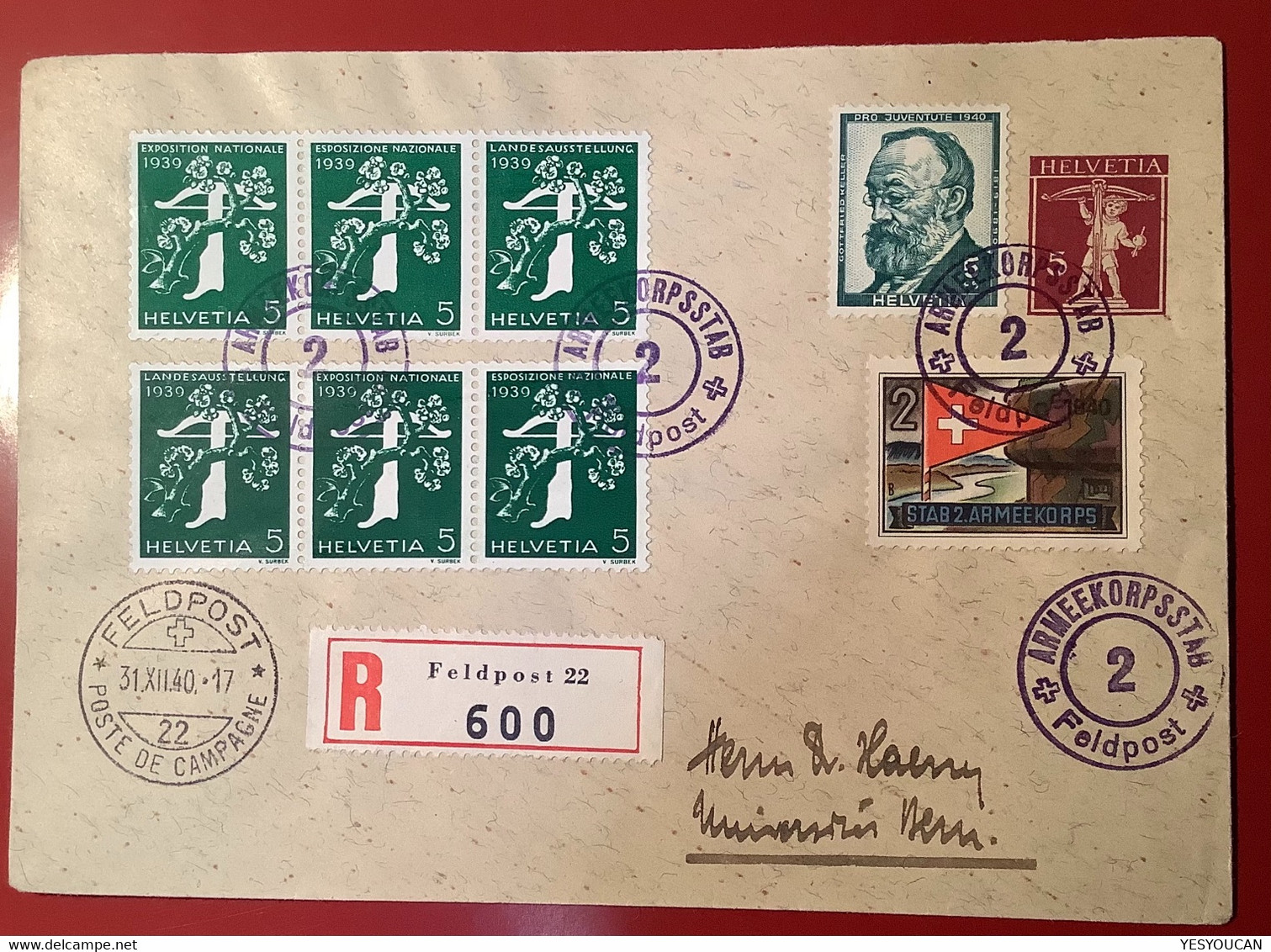 Privatganzsache: Dr. W. HAERRY BERN Seltener Umschlag TELLKNABE 5Rp Rot Lila FELDPOST 1940 (Schweiz Soldatenmarke - Stamped Stationery