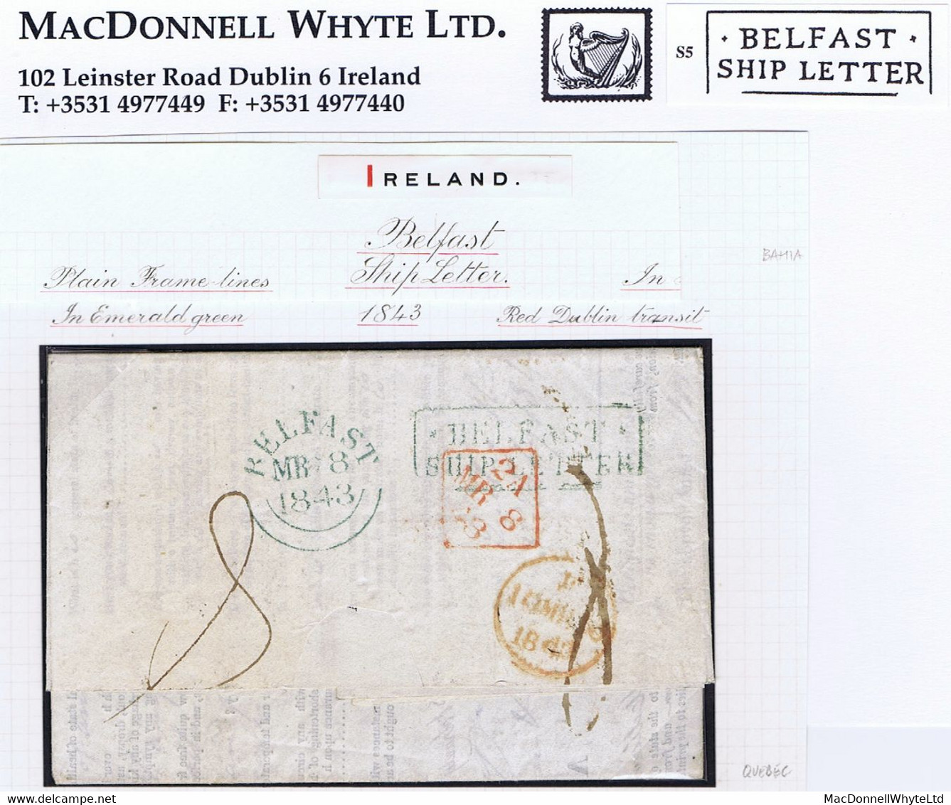 Ireland Maritime Belfast 1843 Printed Insurance Letter Quebec To London With Framed BELFAST/SHIP LETTER In Green - Prefilatelia