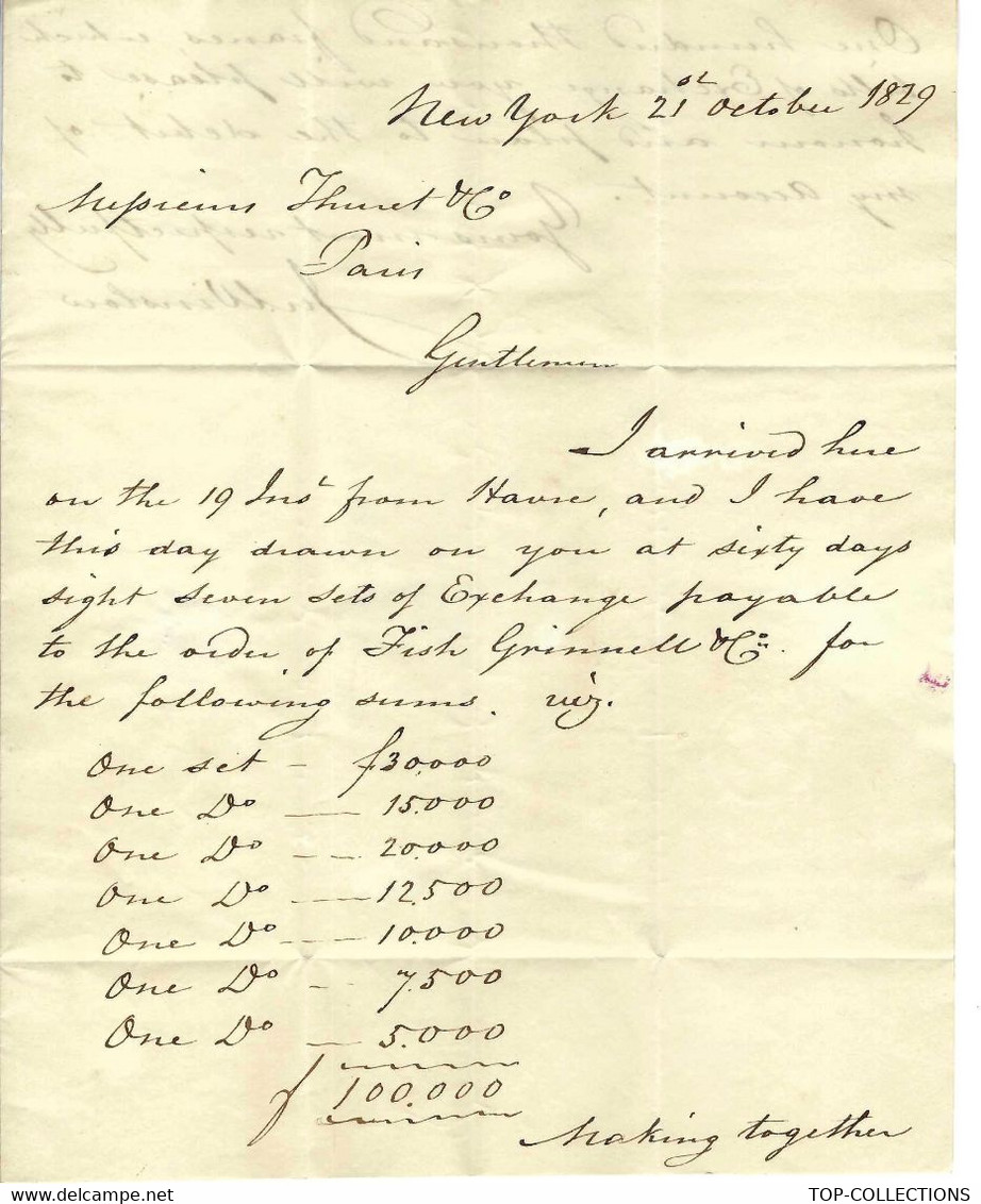 1829 LETTRE Sign. J.Winslow Banque Bank à New York Pour Thuret Banque Paris Cite Fisch Grinenel Cy  ARMARTEURS V.SCANS + - Stati Uniti