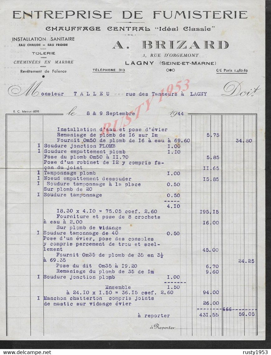 FACTURE DE 1944 SUR TIMBRE FISCAUX A. BRIZARD ENTREPRISE DE FUMISTERIE ECT À LAGNY : - Marche Da Bollo