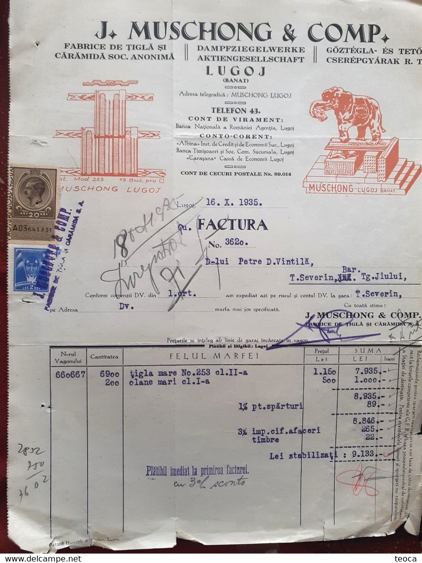 INVOICE J.Muschong & Comp.  Glass And Brick Factory, Lugoj 1935, Stamped Tax Invoice, ELEPHANT, - Fiscali