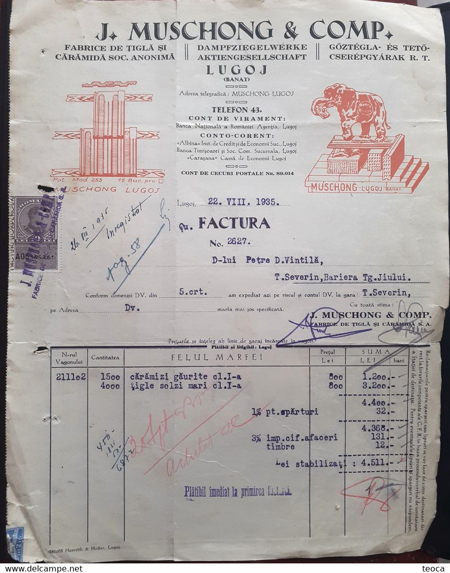 LUGOJ 1935 INVOICE J.Muschong & Comp.  Glass And Brick Factory, Lugoj 1935, Stamped Tax Invoice, ELEPHANT, - Fiscaux