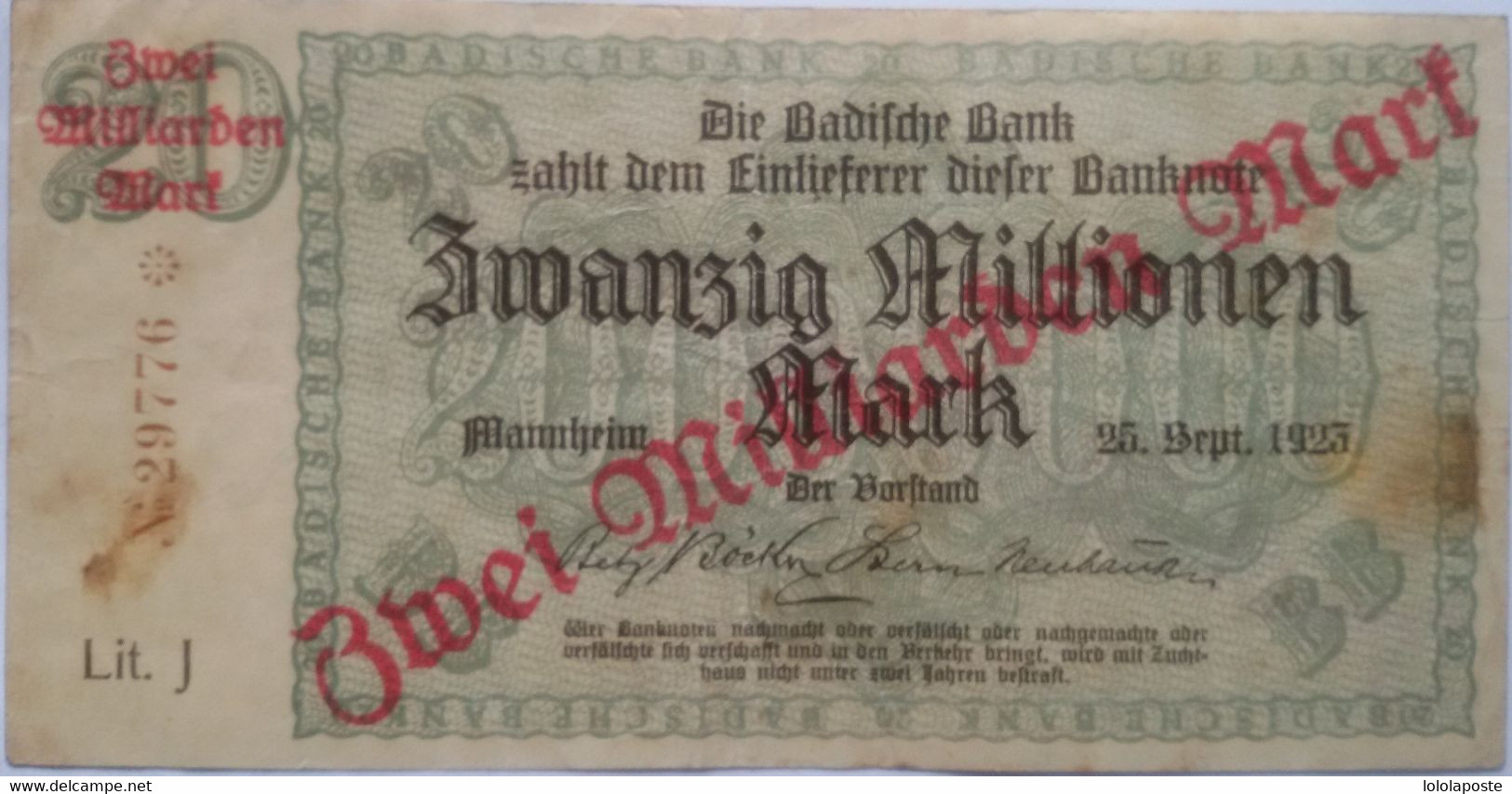 ALLEMAGNE - Billet De 20 Millions Du 25/09/1923 Surchargé En Rouge 2 Milliards De Marks - Peu Commun - 2 Photos - Unclassified