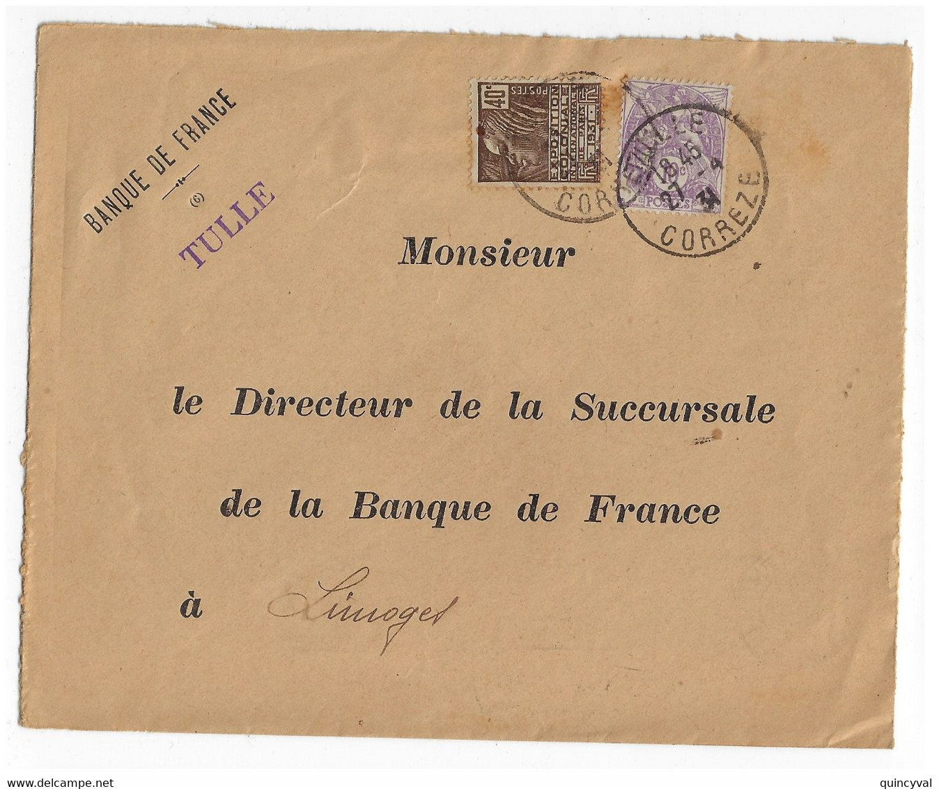 TULLE Corrèze Lettre Entête Banque De France 40c Fashi 10c Blanc Yv 233 271 Ob 27 4 131 - Lettres & Documents