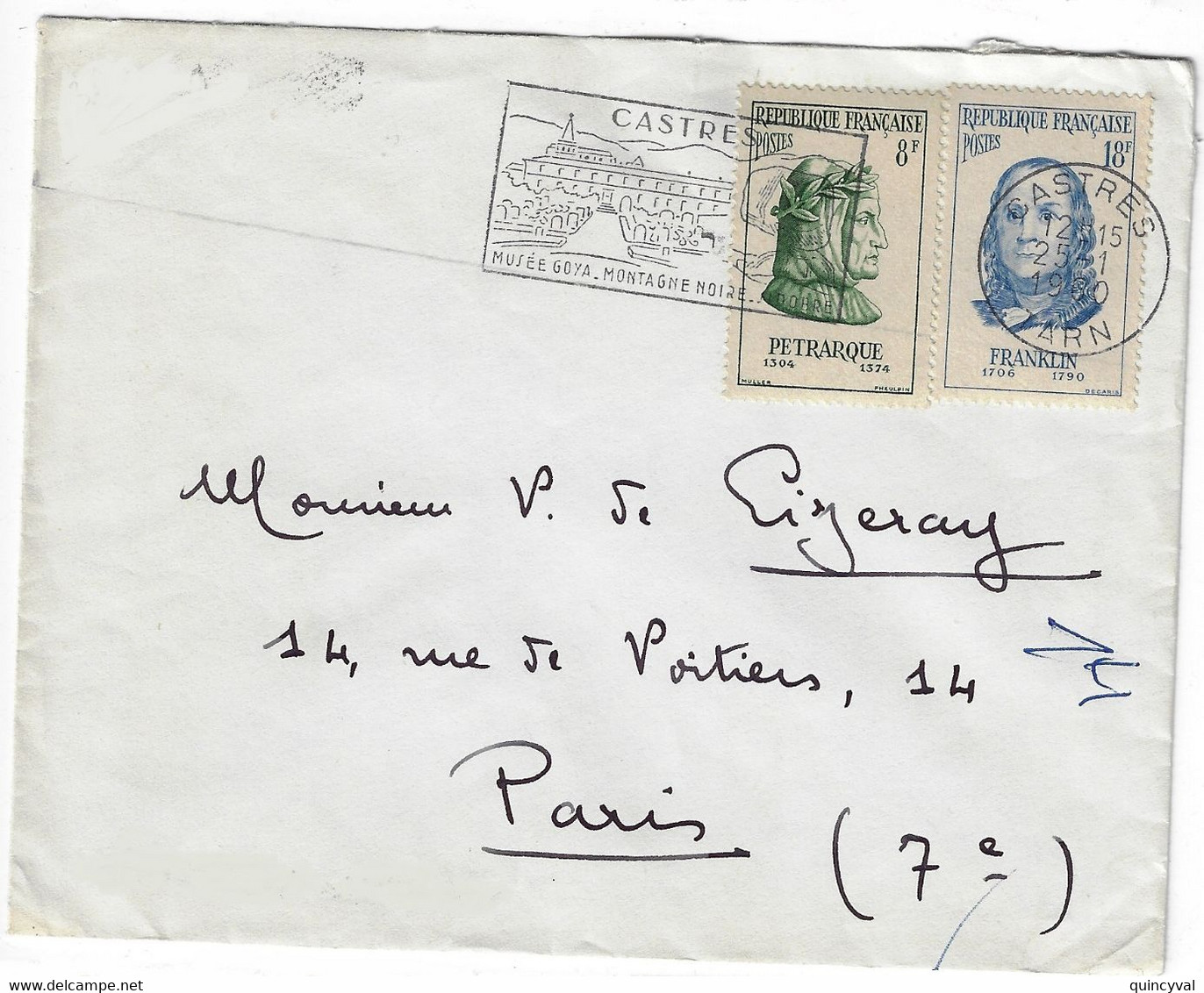 CASTRES Tarn Lettre 8 F Pétrarque 18 F Franklin Ob 25 1 1960 Yv 1082 1085 - Cartas & Documentos