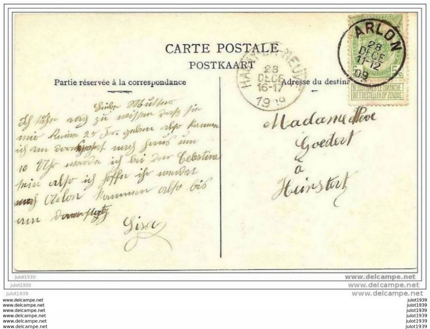 HEINSTERT ..-- SIBRET ..-- En LUXO !! Maison GIOT , Boulangerie . 1909 Vers HEINSTERT ( Mme GOEDERT ) . Voir Verso . ) . - Attert