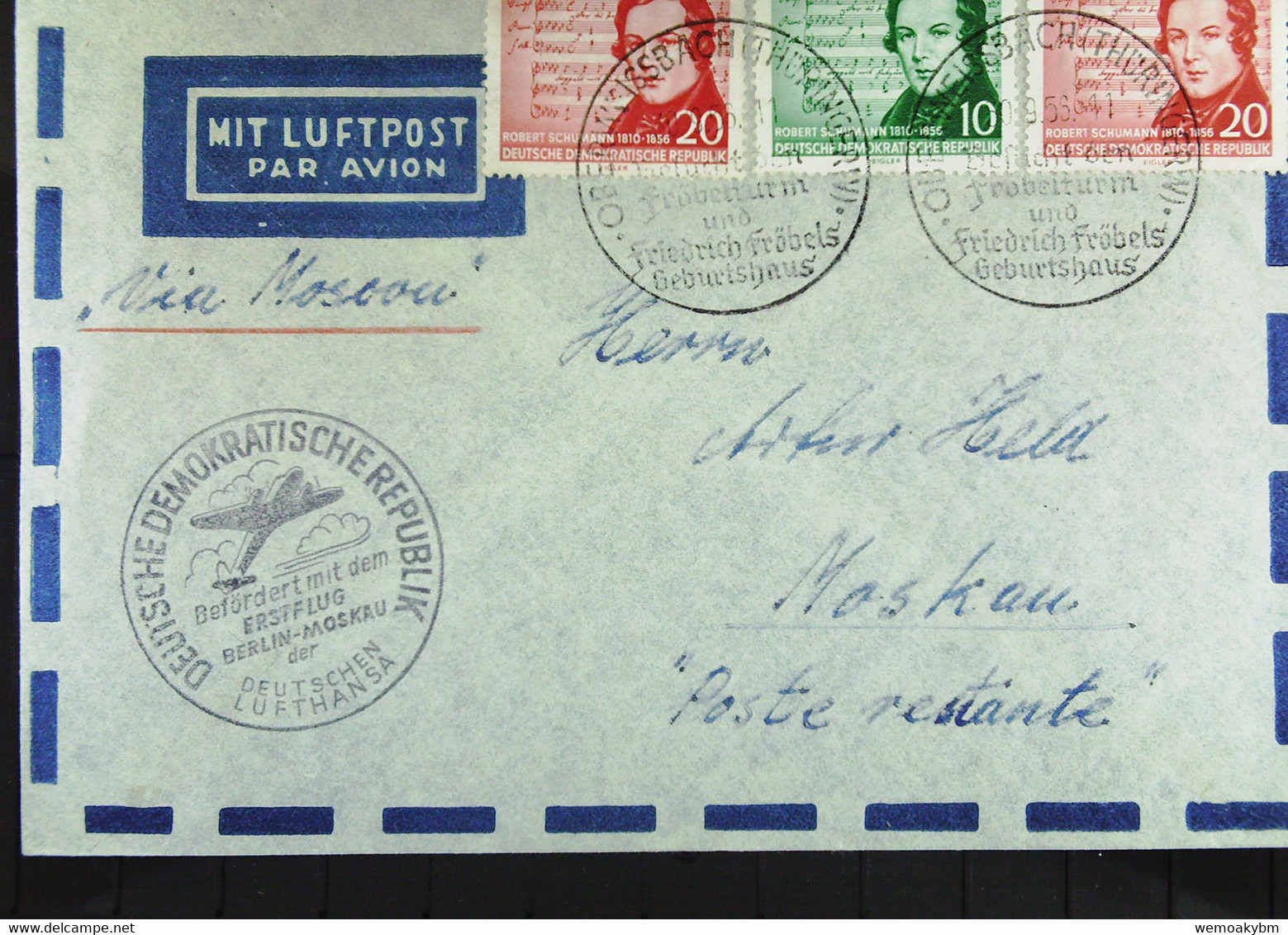 DDR: Luftpost-Brief Mit SoSt. OBERWEISSBACH (THÜRINGERW.) 30.09.1956 Mit 15/20 Pf R. Schumann Nach MOSKAU - Airmail