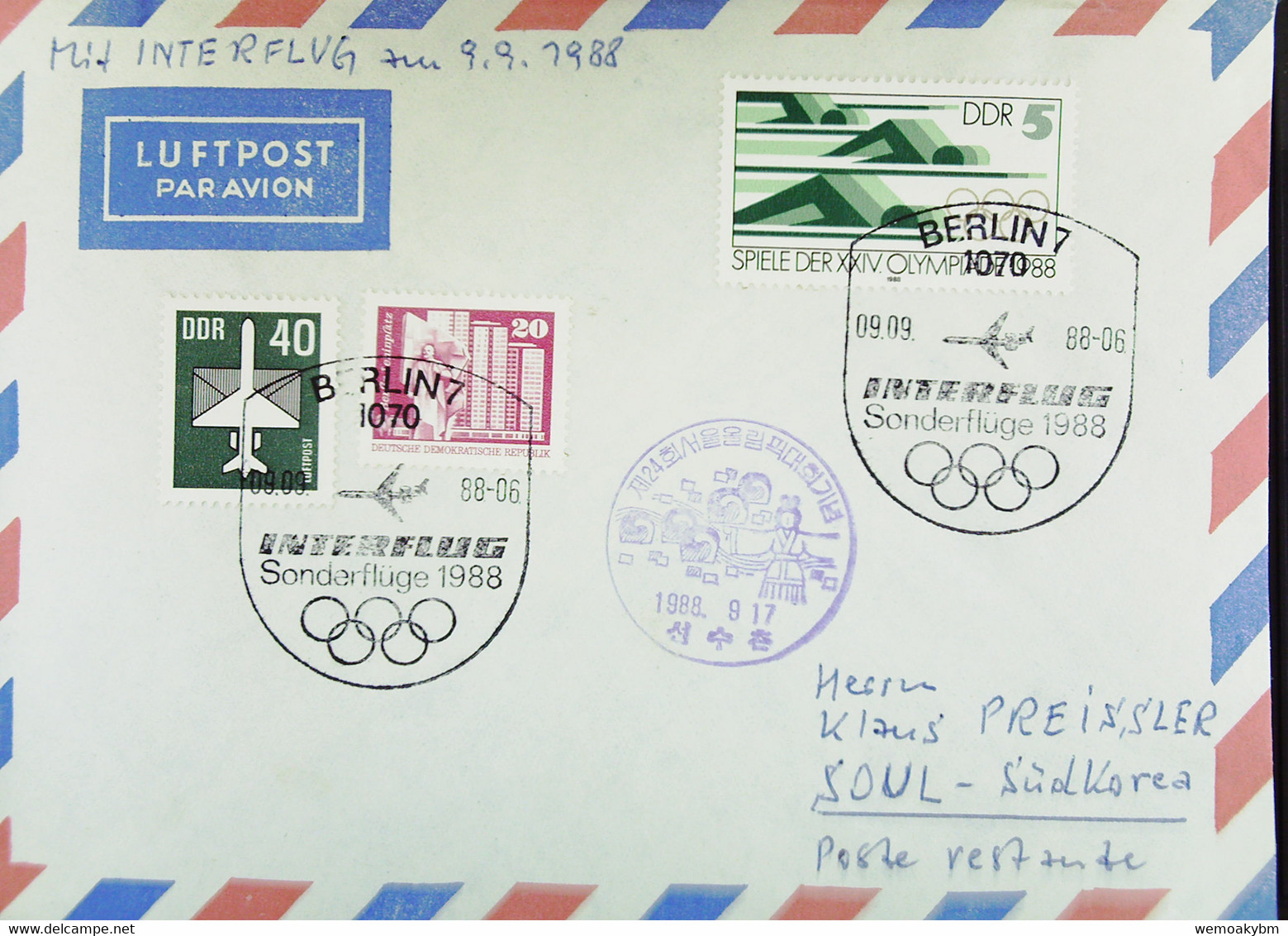 DDR: Luftpost Mit SoSt. "INTERFLUG Sonderflüge 1988 09.09.88" Von Berlin Zur Olympiade Nach Südkorea Mit Ank-Stpl. 17.9. - Poste Aérienne