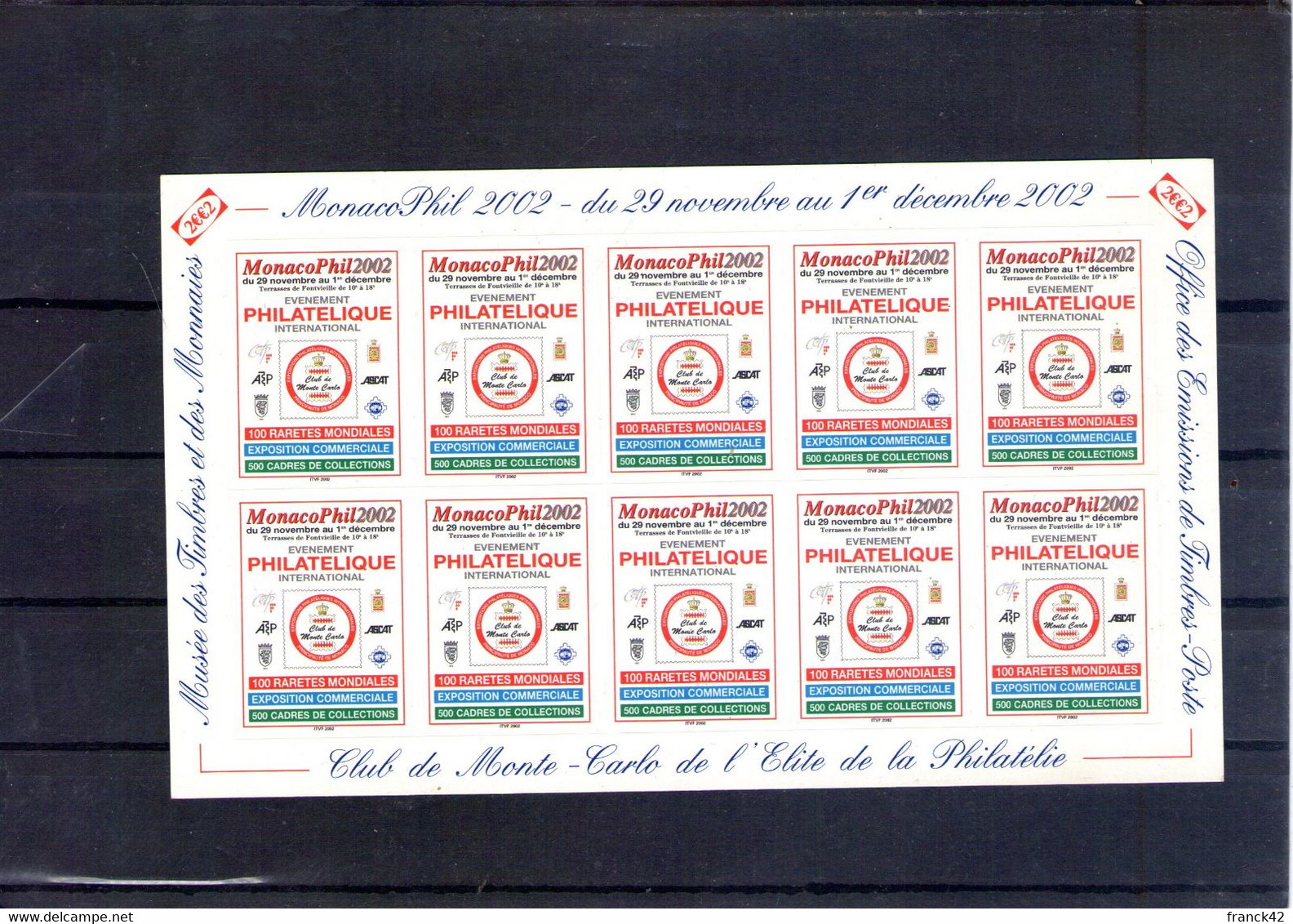 Monaco. Feuillet De 10 Vignettes Monacophil 2002 - Lettres & Documents