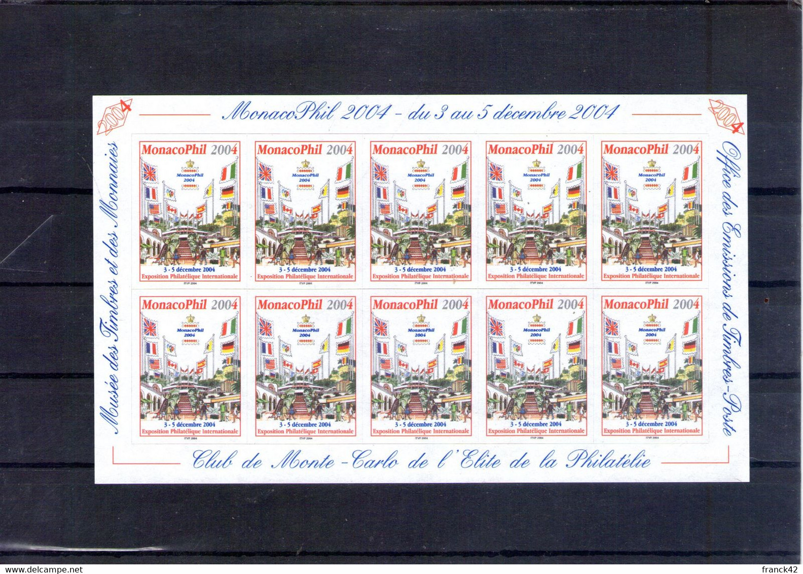 Monaco. Feuillet De 10 Vignettes Monacophil 2004 - Lettres & Documents