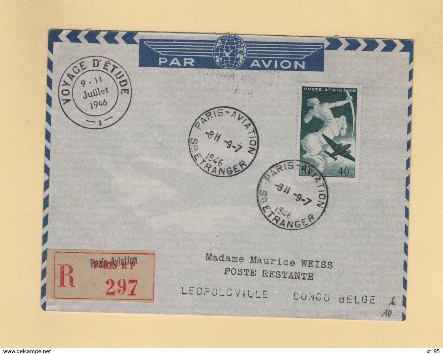 Voyage D Etude - 9 Juillet 1946 - Vol Paris Leoppldville - Congo Belge - 1960-.... Covers & Documents