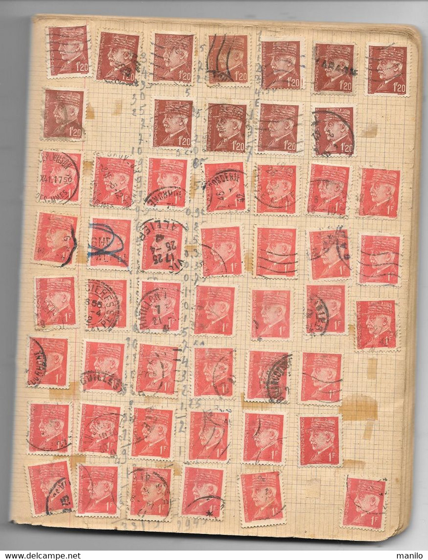 Collection De TIMBRES D'un ENFANT Sur CAHIER D'ECOLIER Années 1940 -PETAIN,SEMEUSE,IRIS,FISCAUX,CHEMINS DE FER,MERCURE.. - Usados