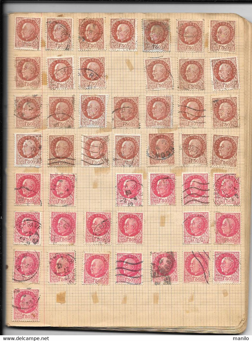 Collection De TIMBRES D'un ENFANT Sur CAHIER D'ECOLIER Années 1940 -PETAIN,SEMEUSE,IRIS,FISCAUX,CHEMINS DE FER,MERCURE.. - Gebruikt