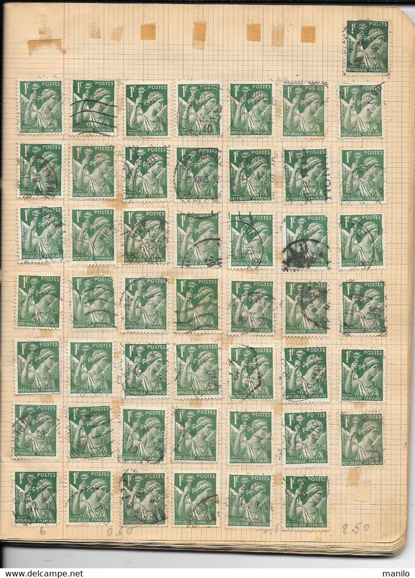 Collection de TIMBRES d'un ENFANT sur CAHIER D'ECOLIER années 1940 -PETAIN,SEMEUSE,IRIS,FISCAUX,CHEMINS DE FER,MERCURE..