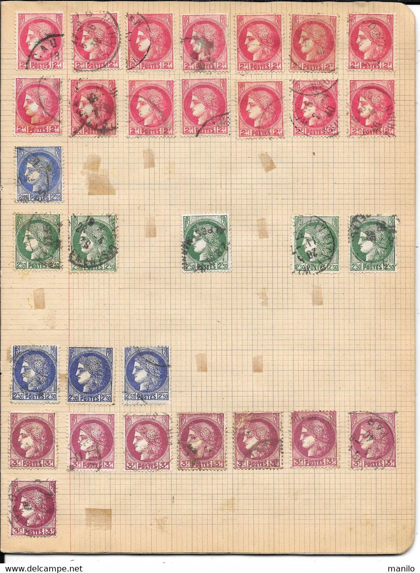 Collection de TIMBRES d'un ENFANT sur CAHIER D'ECOLIER années 1940 -PETAIN,SEMEUSE,IRIS,FISCAUX,CHEMINS DE FER,MERCURE..