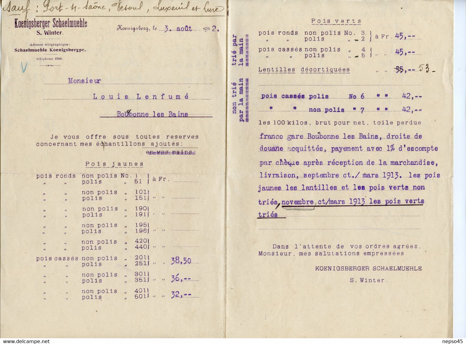 Kœnigsberg.Allemagne.Moulin à Peler.S.Winter.Pois.Lentilles Décortiquées.Tarifs Pour Représentant De Commerce. - Levensmiddelen