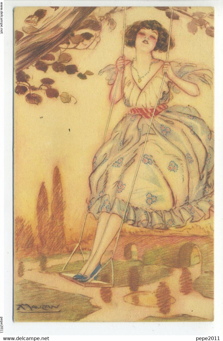 CPA Illustrateur Mauzan - Art Nouveau - Jeune Femme Sur Une Balançoire - Robe Fleurie - Mauzan, L.A.