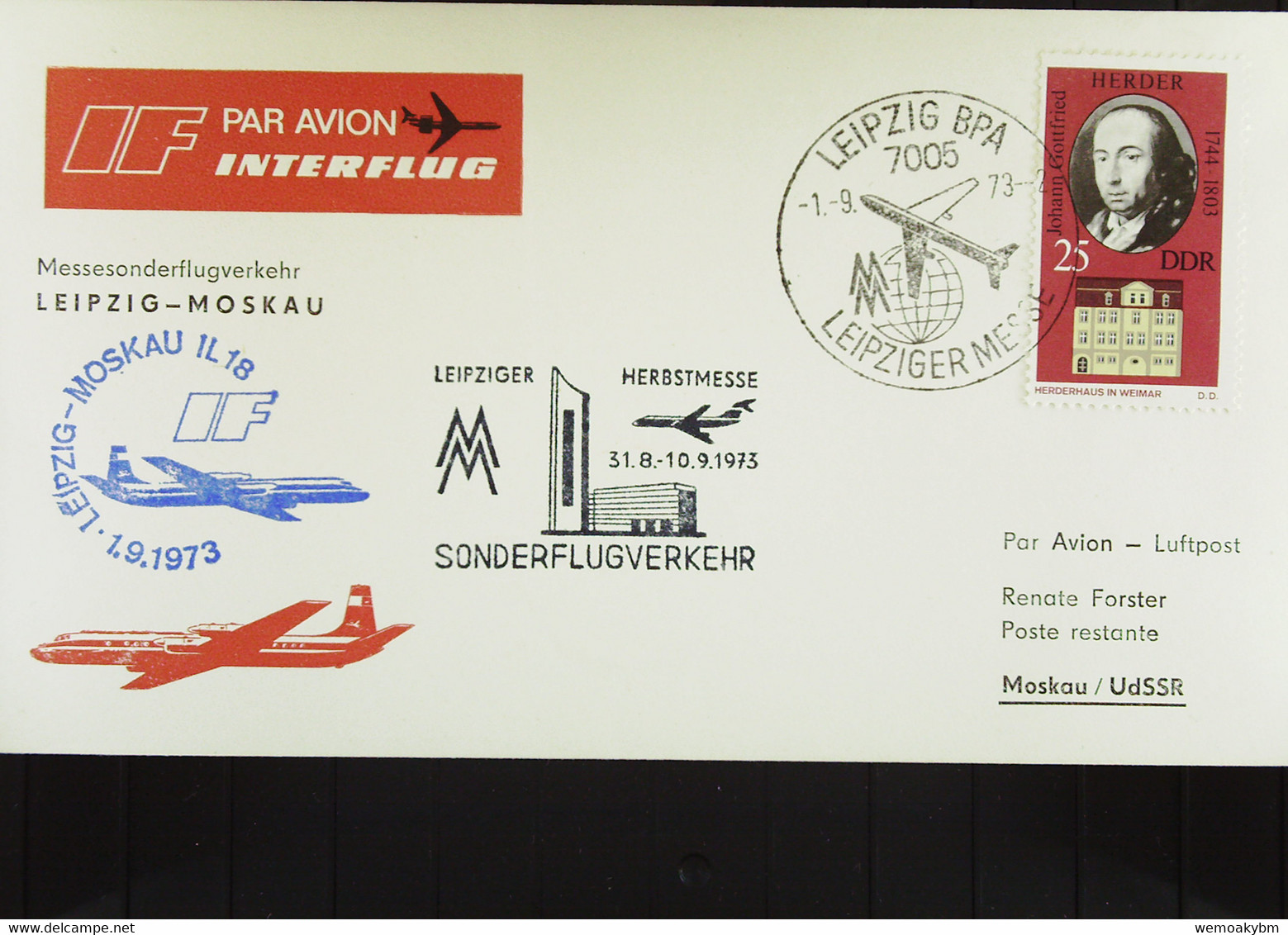 DDR: Luftpostbrief Mit SoSt Zum Leipziger Messeflug V 1.9.73 LEIPZIG-Moskau Mit Ank-Stpl. 10.9.73 Auf Rs Mit 25Pf Herder - Poste Aérienne