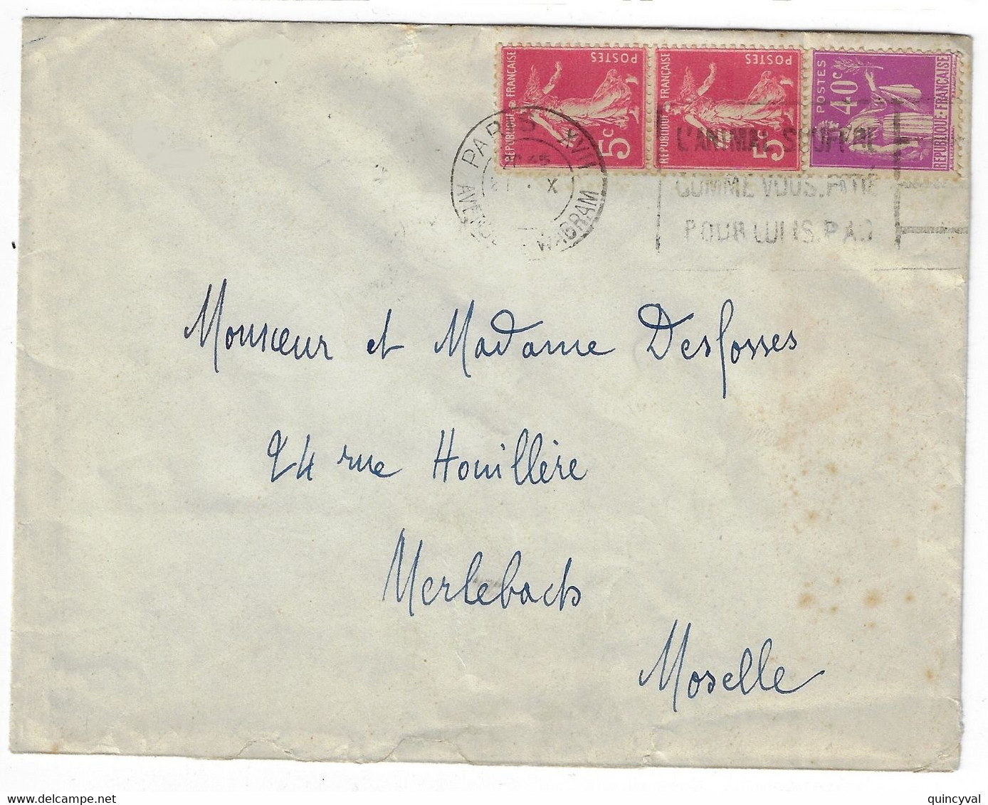 PARIS XVII Av Wagram Lettre 5c Semeuse Rose 40c Paix Laurens Yv 278B 281 Ob 1935 Frankers A 17301 Animal Spa Merlebach - Covers & Documents