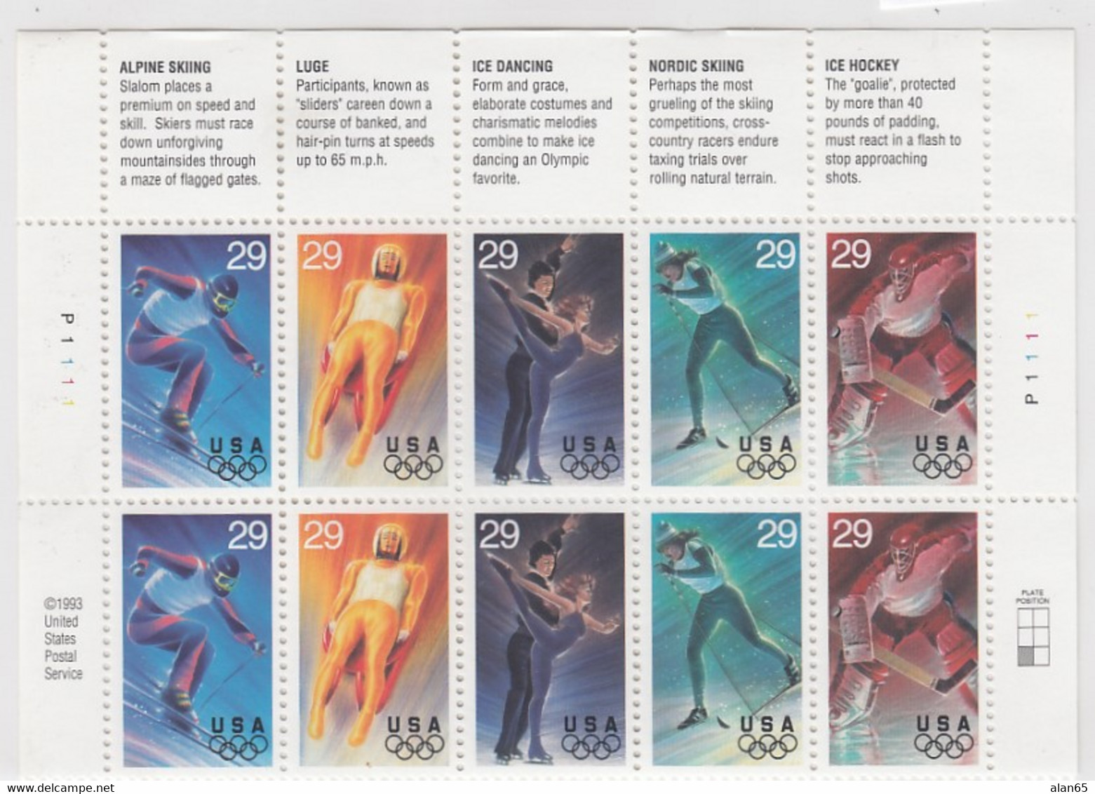 Sc#2807-2811, 29-cent Winter Olympics 1994 Issue Plate Number Block Of 4 MNH Stamps, Skiing Bobsled Hockey Skating - Plattennummern