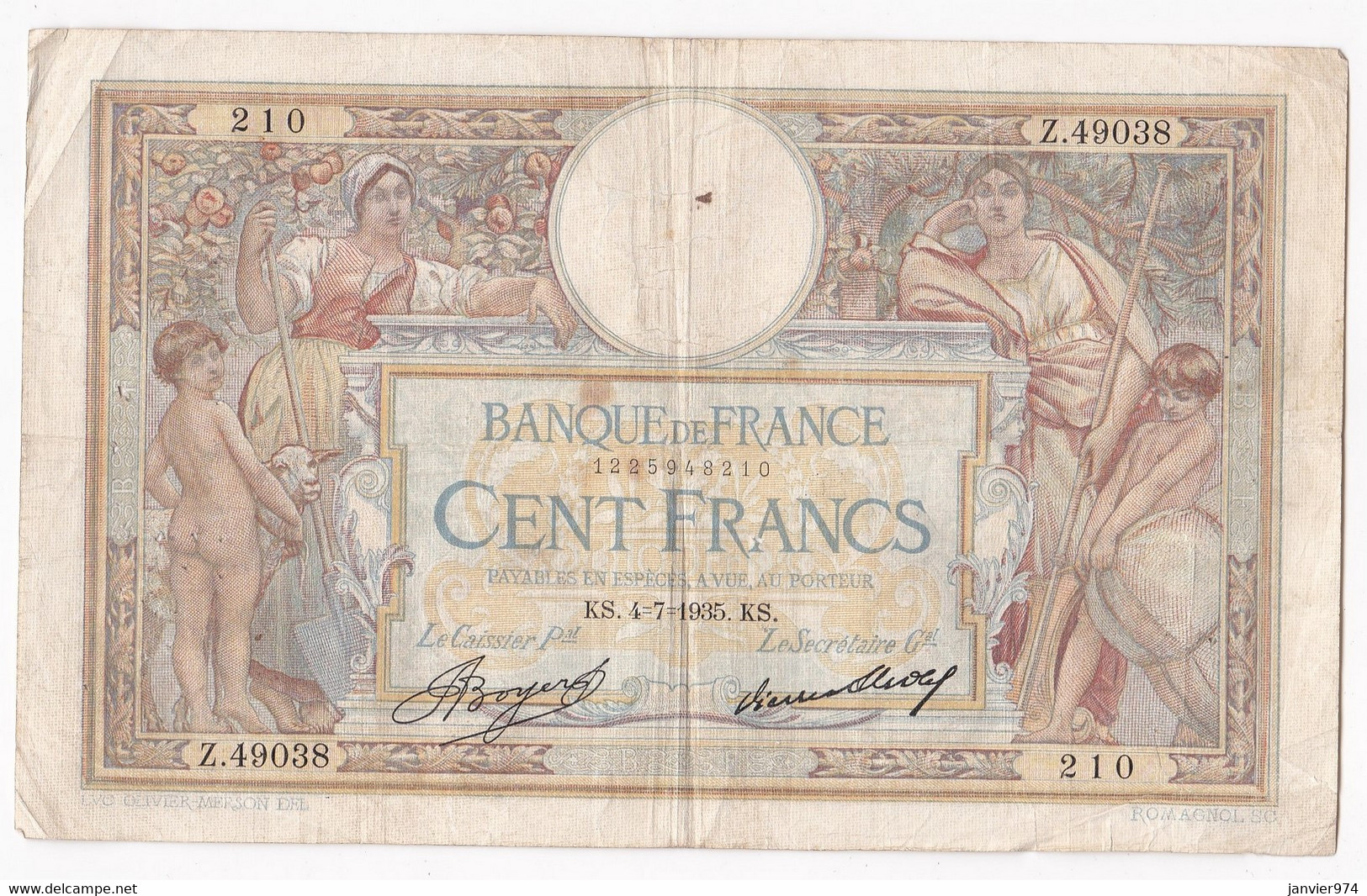 100 Francs L.O.M. 4 – 7 1935 ,  Alphabet Z.49038 N° 210, Billet Ayant Circulé - 100 F 1908-1939 ''Luc Olivier Merson''