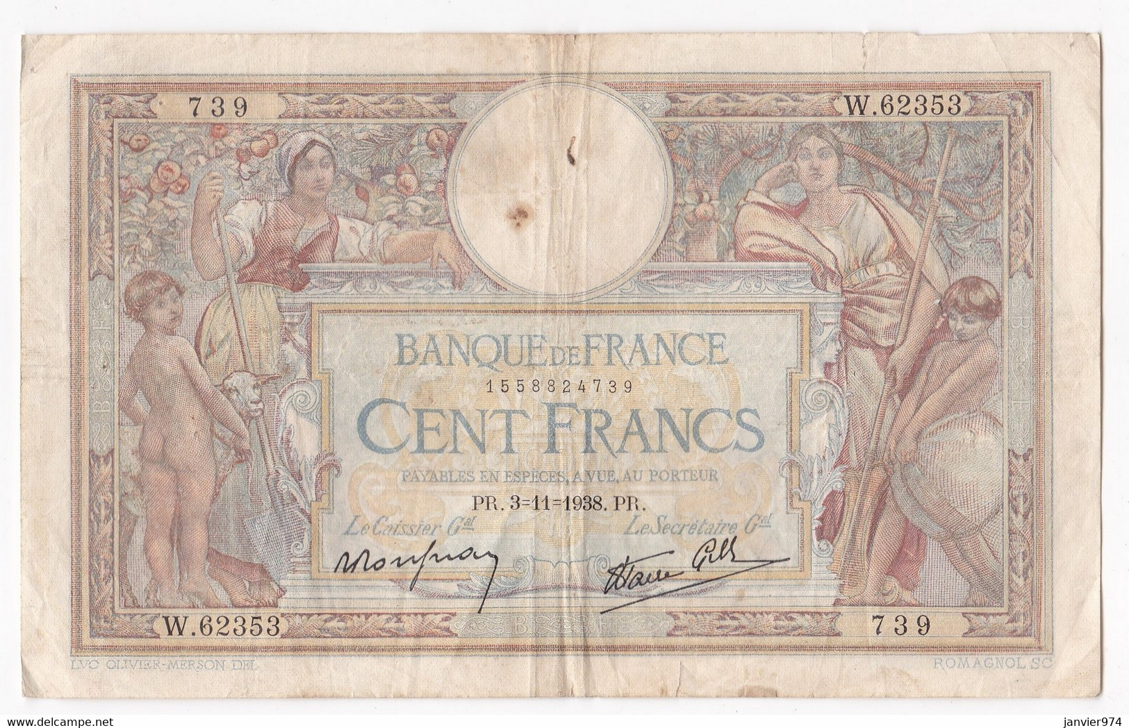 100 Francs L.O.M. 3 – 11 - 1938 ,  Alphabet W.62323 N° 739, Billet Ayant Circulé - 100 F 1908-1939 ''Luc Olivier Merson''