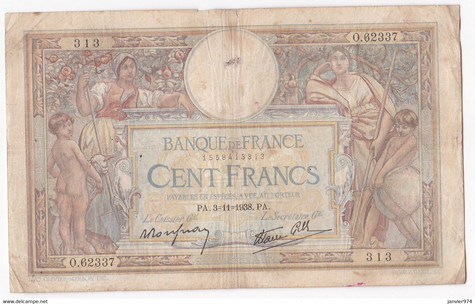 100 Francs L.O.M. 3 – 11 - 1938 ,  Alphabet O.62337 N° 313, Billet Ayant Circulé - 100 F 1908-1939 ''Luc Olivier Merson''