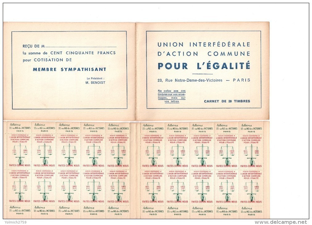 CARNET 20 "TIMBRES" UNION INTERF. ACTION COMMUNE POUR EGALITE - BALANCE: TRAVAIL EGAL - CHARGES EGALES - Andere & Zonder Classificatie