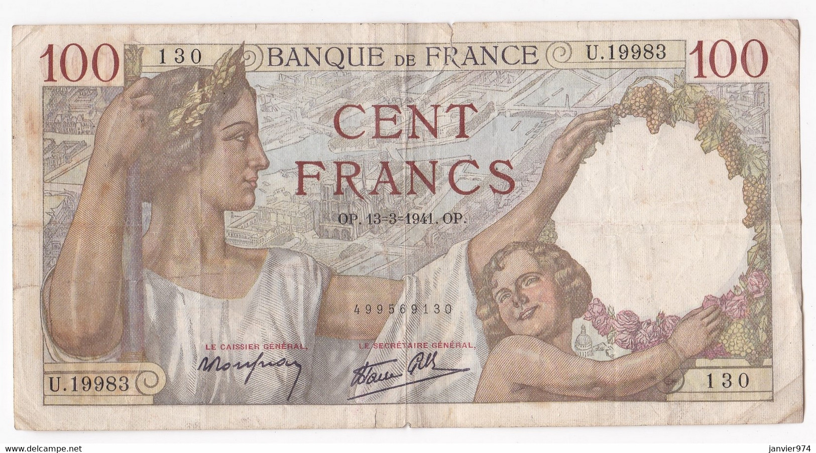 100 Francs Sully  13 – 3 - 1941 ,  Alphabet U.19983 N° 130, Billet Ayant Circulé - 100 F 1939-1942 ''Sully''