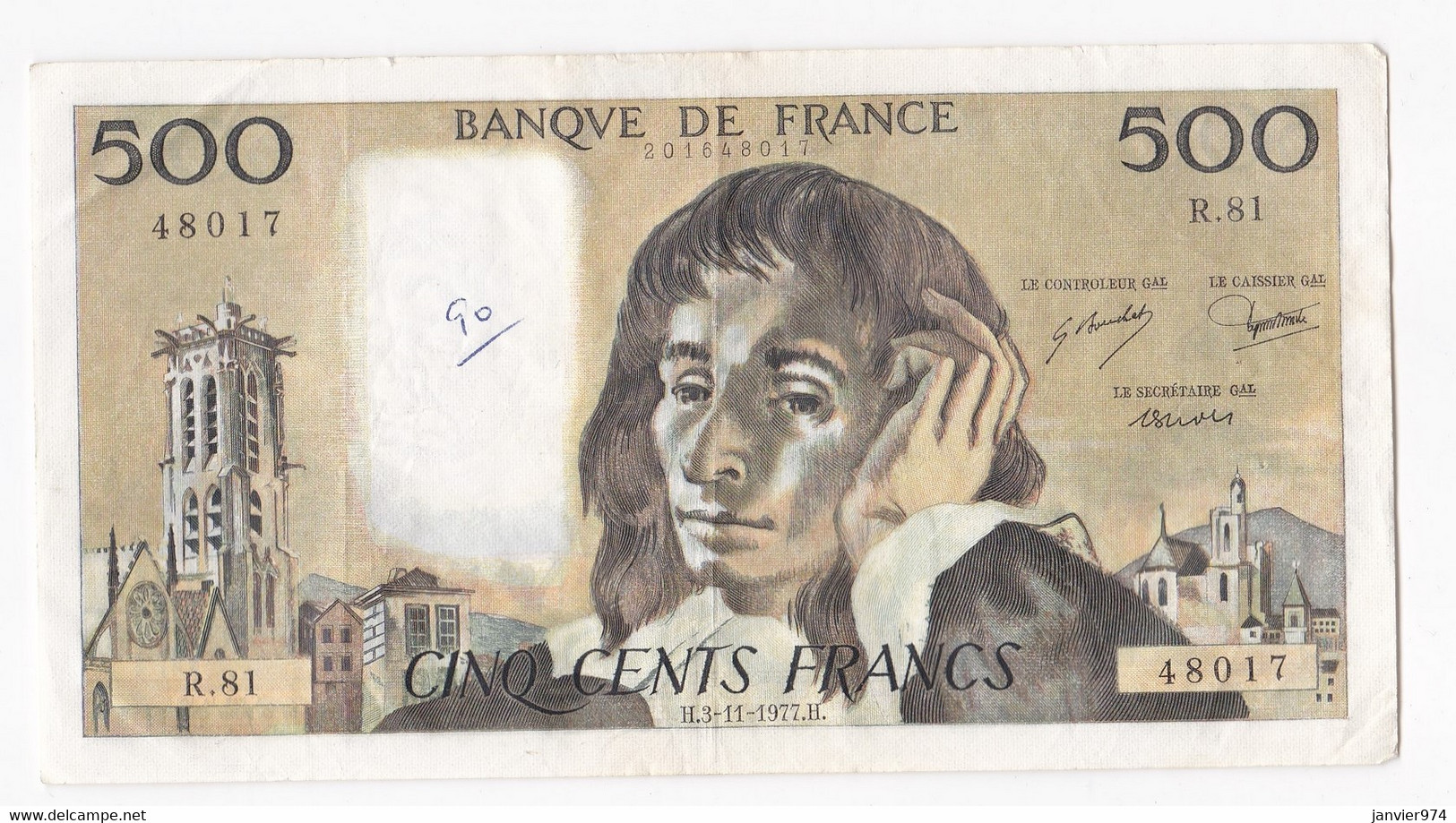 500 Francs Pascal 3 – 11 – 1977, Alph. R.81 N° 48017 - 500 F 1968-1993 ''Pascal''