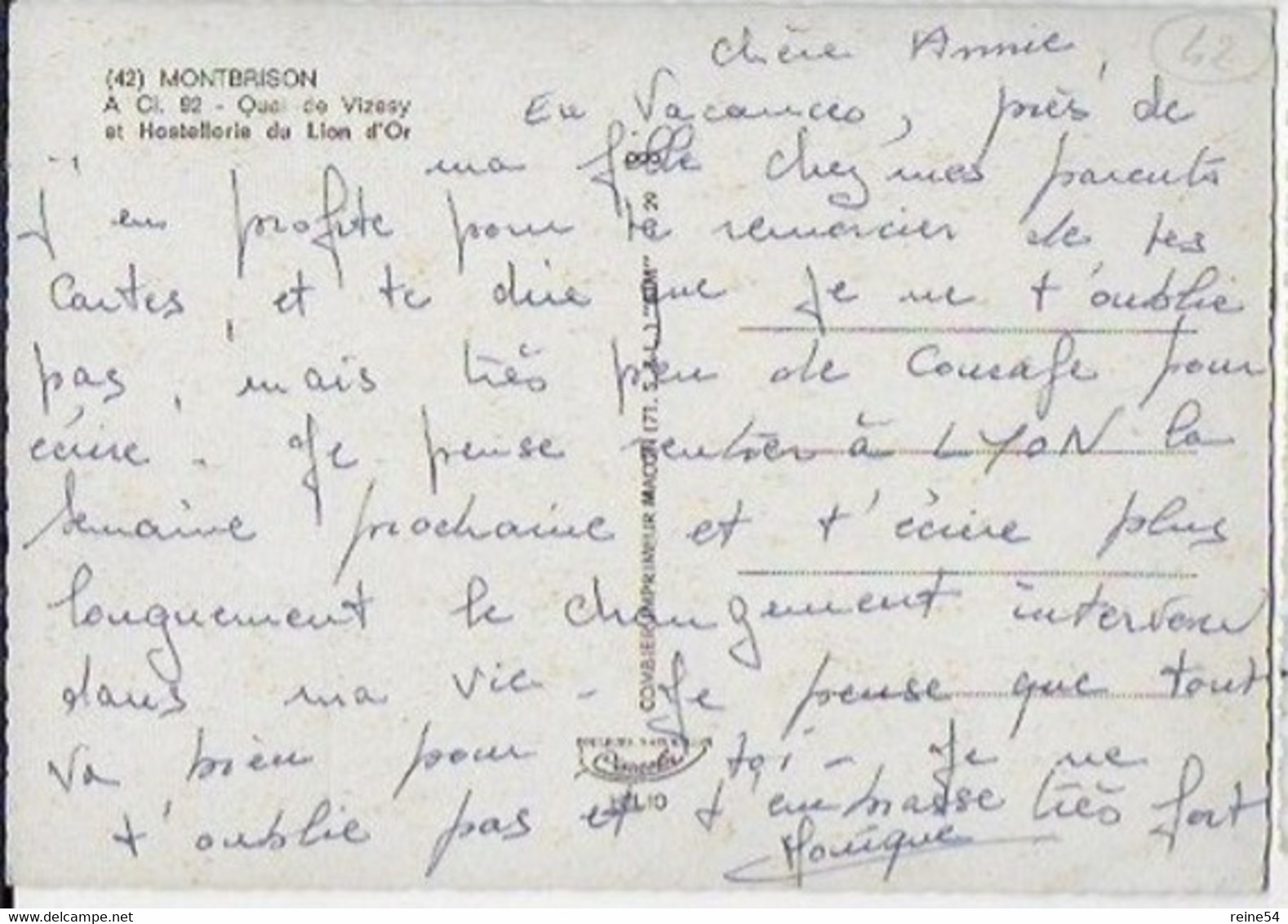 42 - MONTBRISON - Quai De Vizesy Et Hostellerie Du Lion D'Or- A CL. 92- Combier Imprimeur MACON- CIM (vieilles Voitures) - Montbrison
