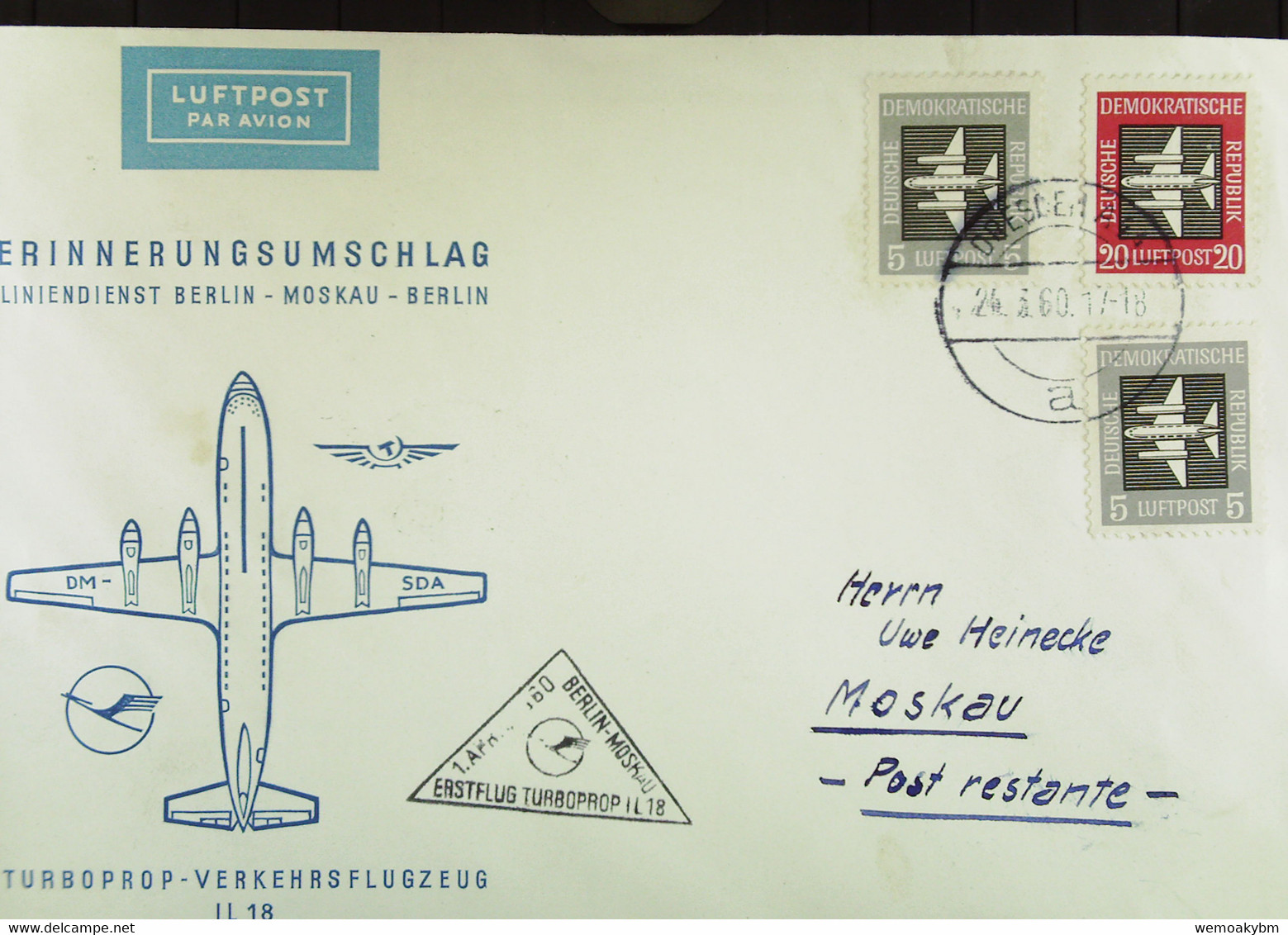 DDR: Luftpost-Brief "Erinnerungsumschlag Liniendienst BERLIN-Moskau Mit Turboprop-Flzg IL 18" DRESDEN Vom 24.3.60 - Poste Aérienne