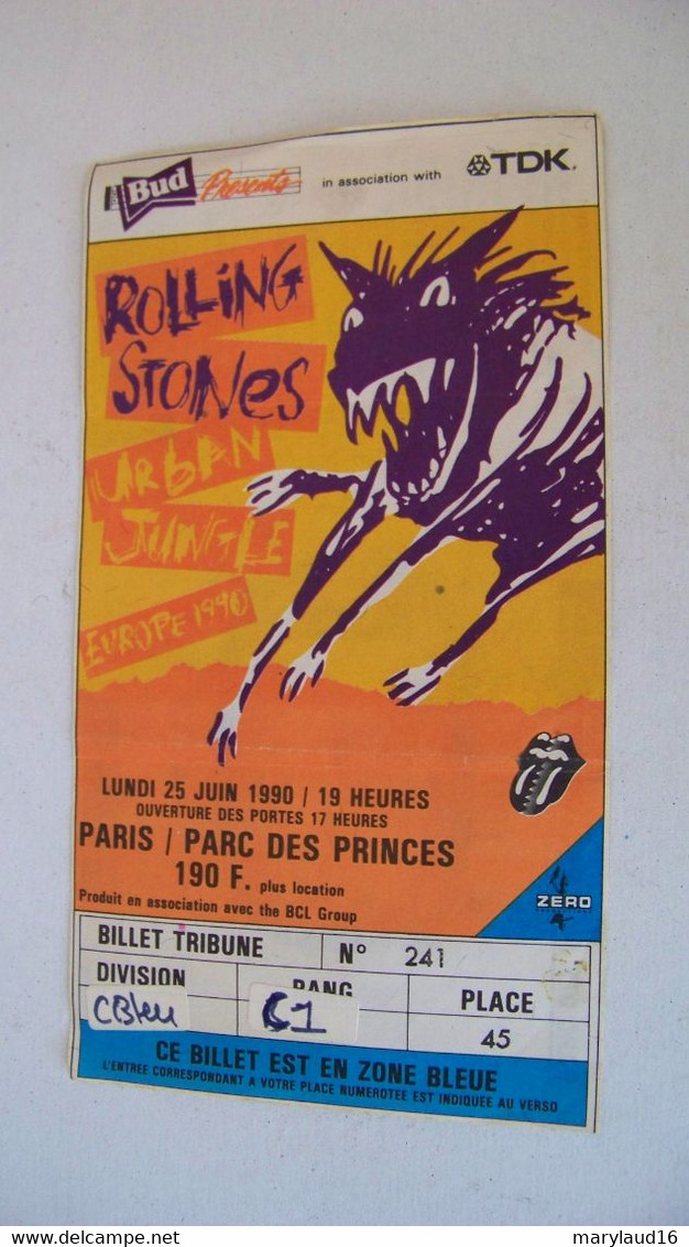TICKET CONCERT ROLLING STONES PARIS PARC DES PRINCES 25/06/1990 URBAN JUNGLE - Concert Tickets