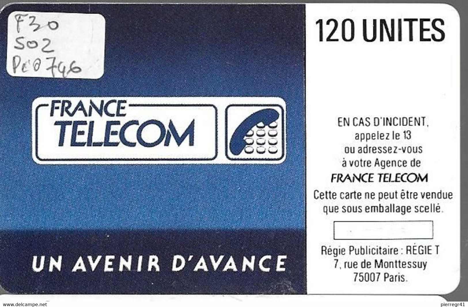 CARTE-PUBLIC-F30-120U-S O2-1988-N°Série Pe 0746-SOLEIL BLEU-UTILISE-TBE - 1988