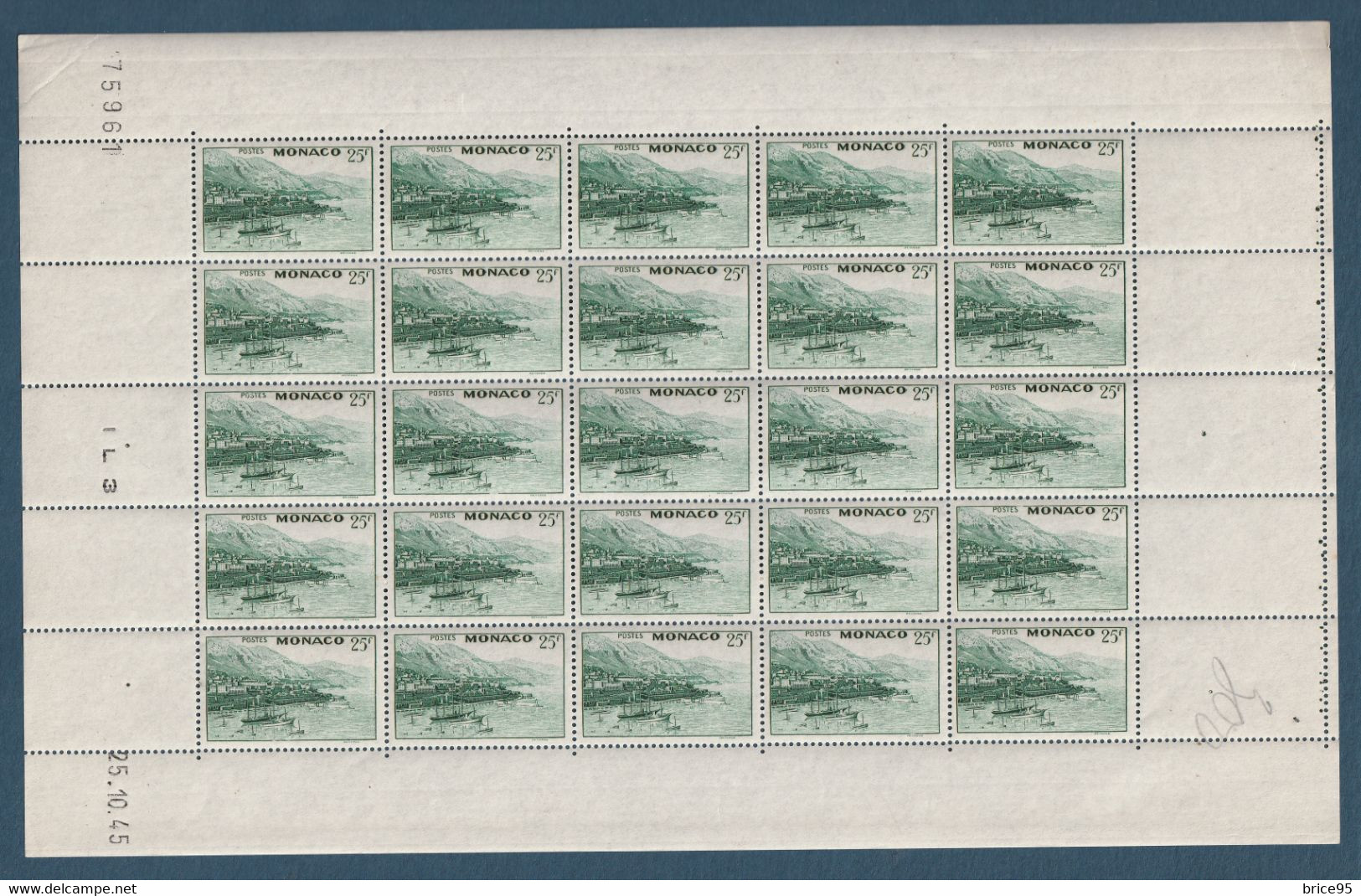 ⭐ Monaco - YT N° 280 ** - Feuille Coin Daté - Neuf Sans Charnière - 1946 ⭐ - Unused Stamps