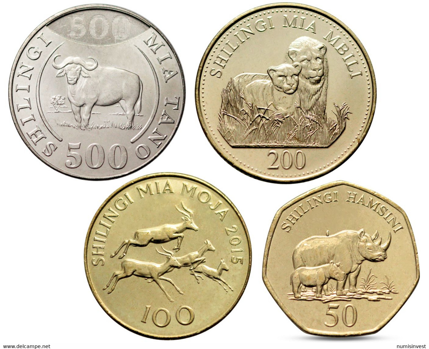 TANZANIA 4 COINS SET FAUNA ANIMALS LION RHINO BUFFALO 2014 2015 UNC - Tanzania