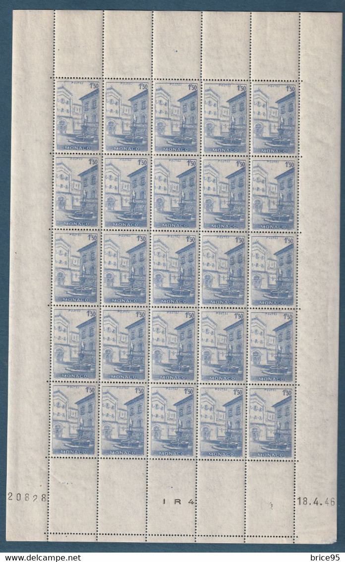 ⭐ Monaco - YT N° 276 ** - Feuille Coin Daté - Neuf Sans Charnière Avec Adhérence - 1946 ⭐ - Unused Stamps